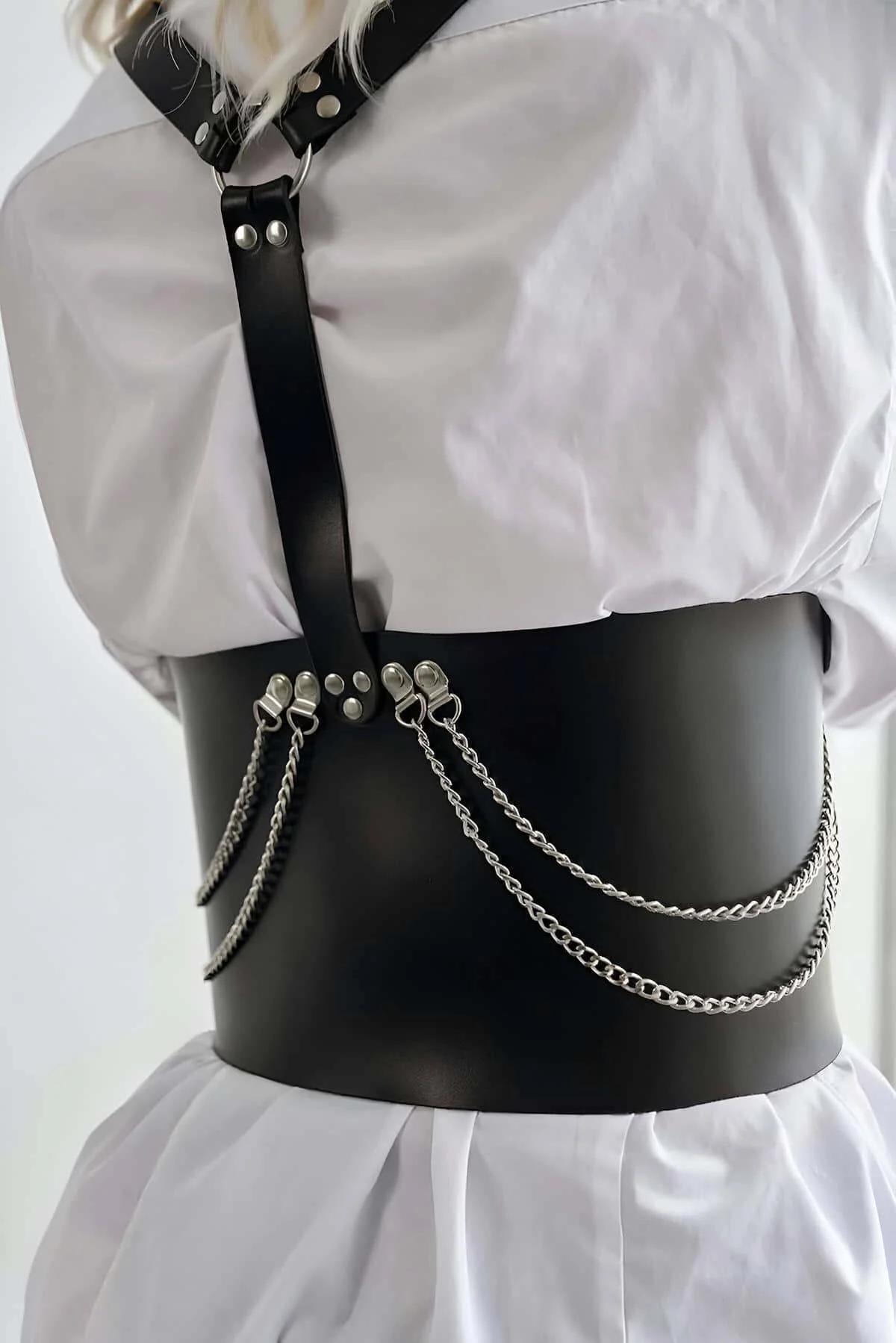 silver chain detail on black faux leather corset harness side panel