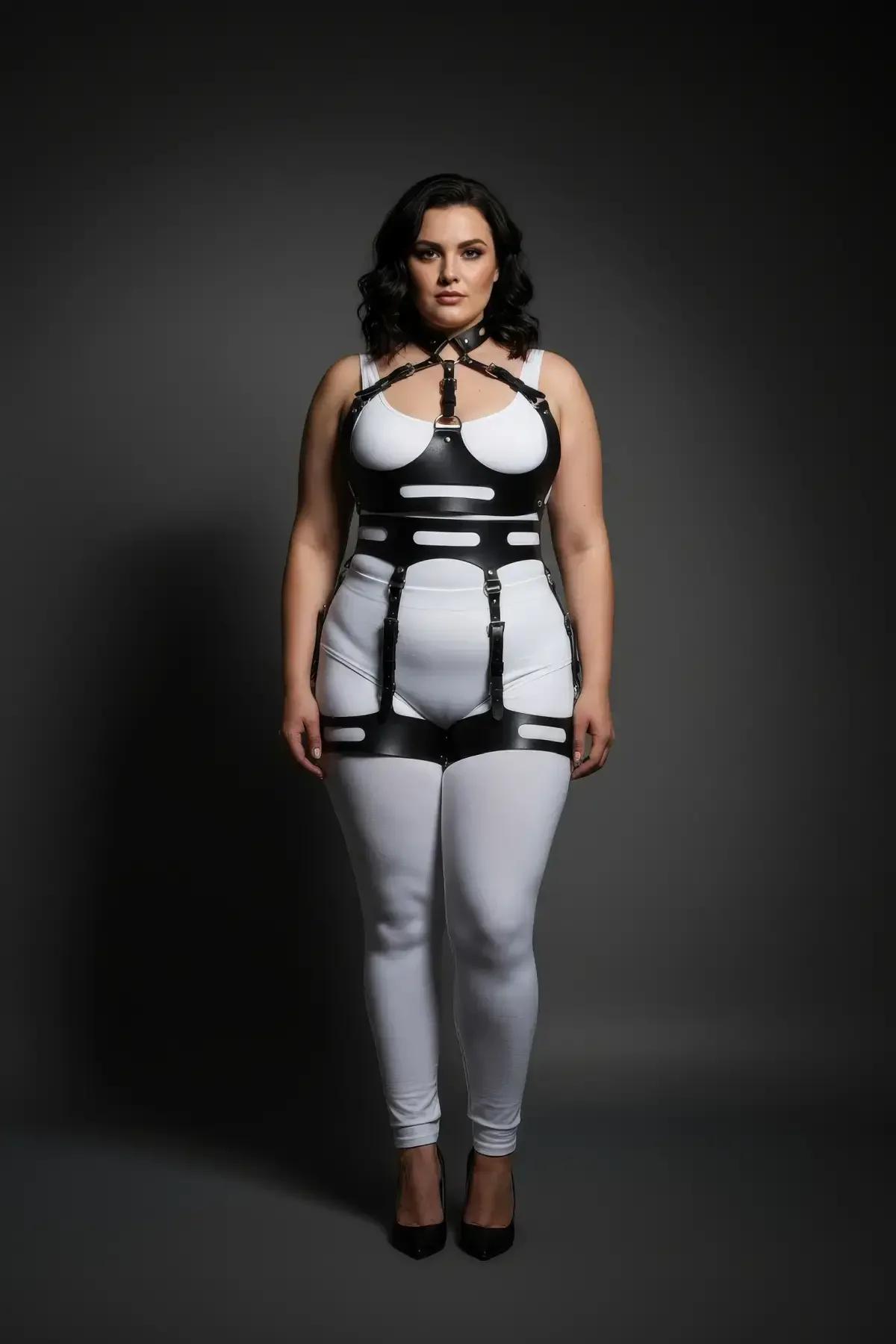 siyah harness takım beyaz pantolon üstünde tam vücut görünüm önden