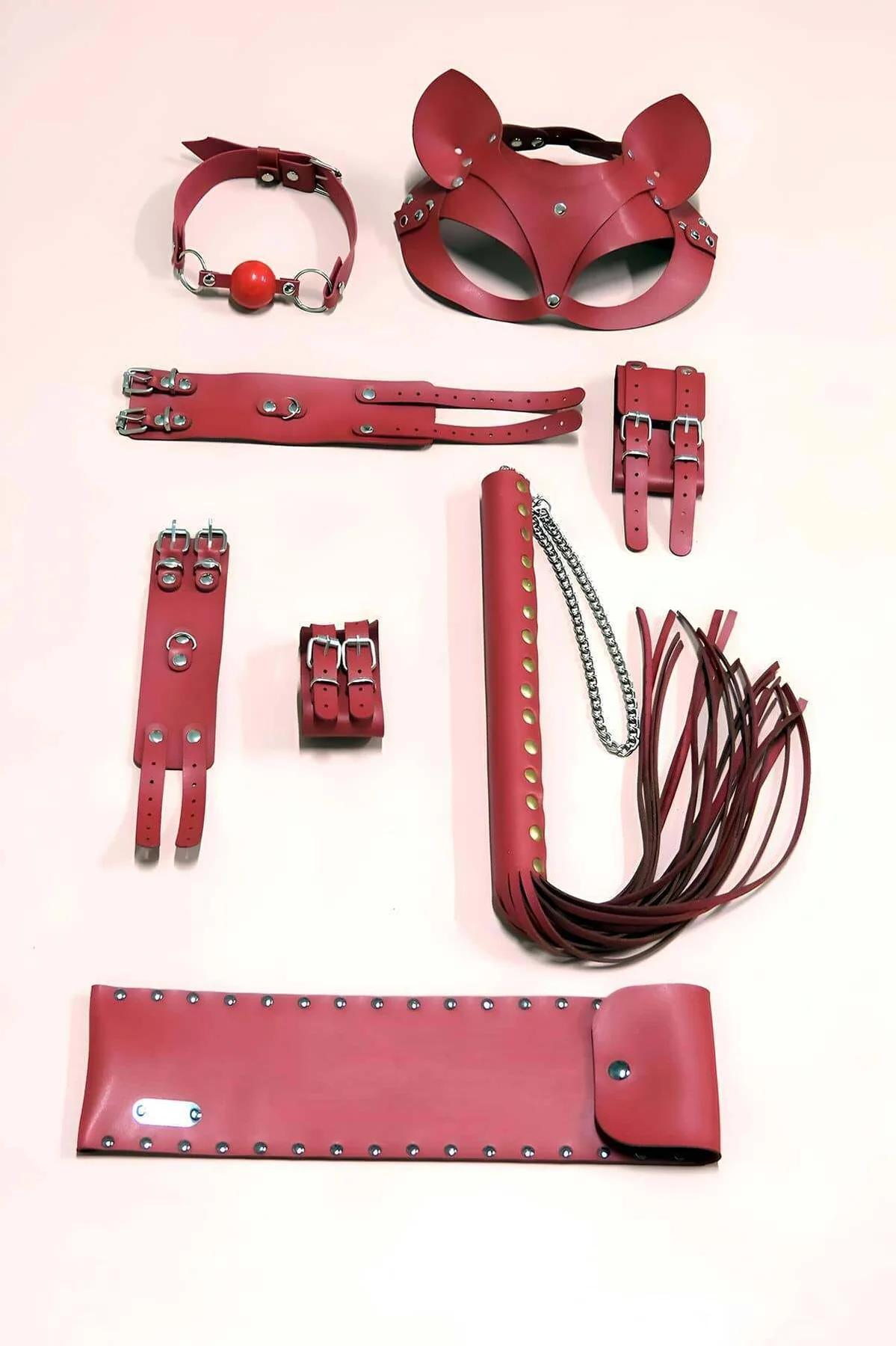 Deep red faux leather cat ear half mask with silver stud accents and adjustable back strap