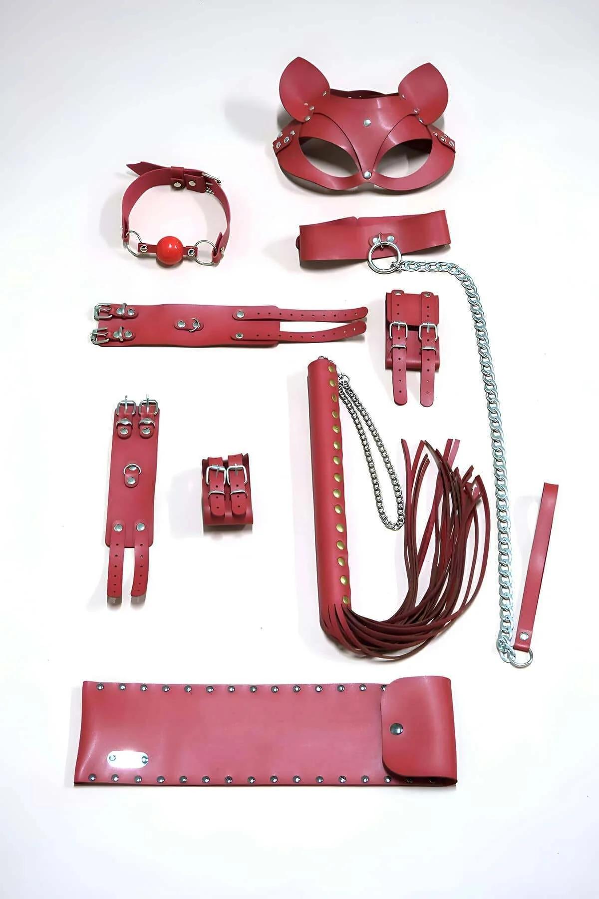 Crimson PU leather cat-ear mask with silver stud accents and adjustable back strap