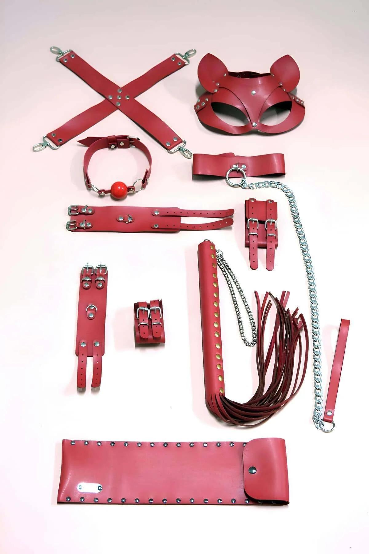 Red PU faux leather cat-ear mask with open eye cutouts and silver rear buckle strap