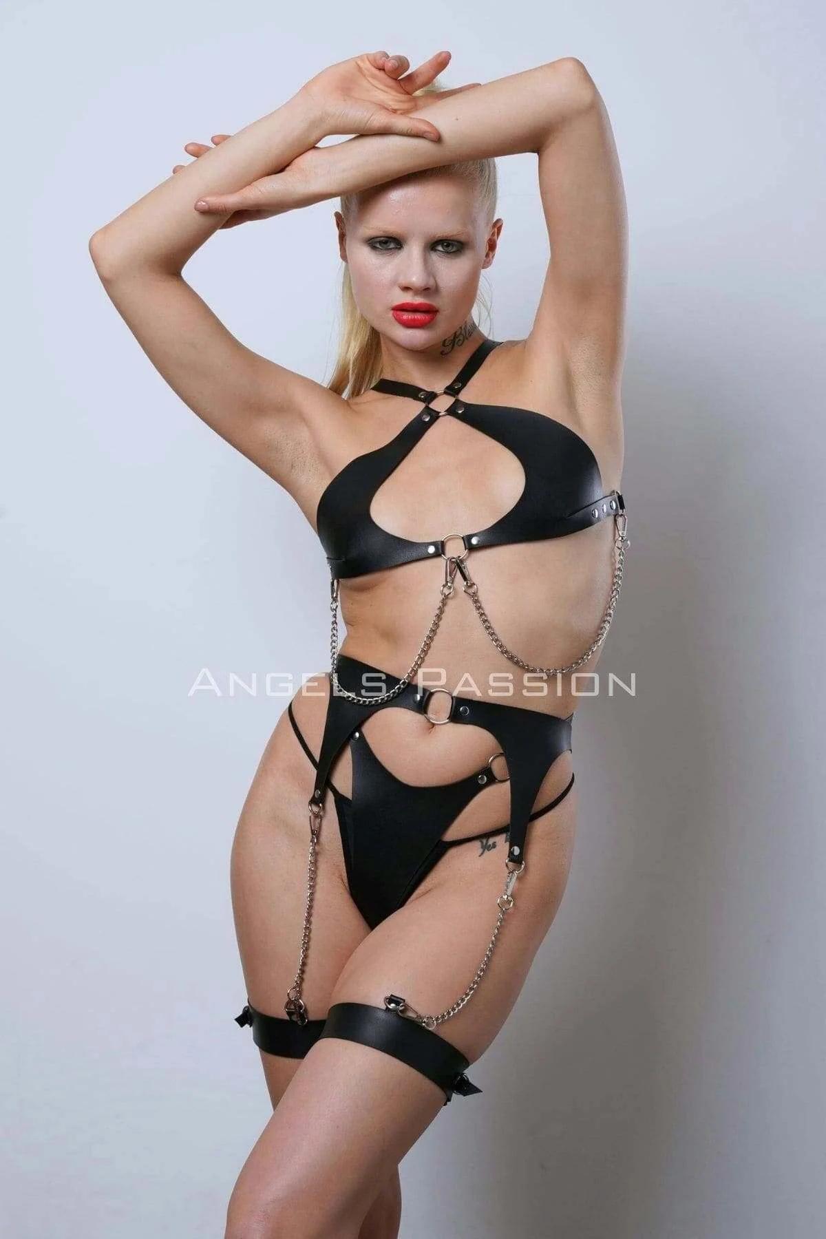 Faux Leather Harness Set with Chain Details & Garter Straps