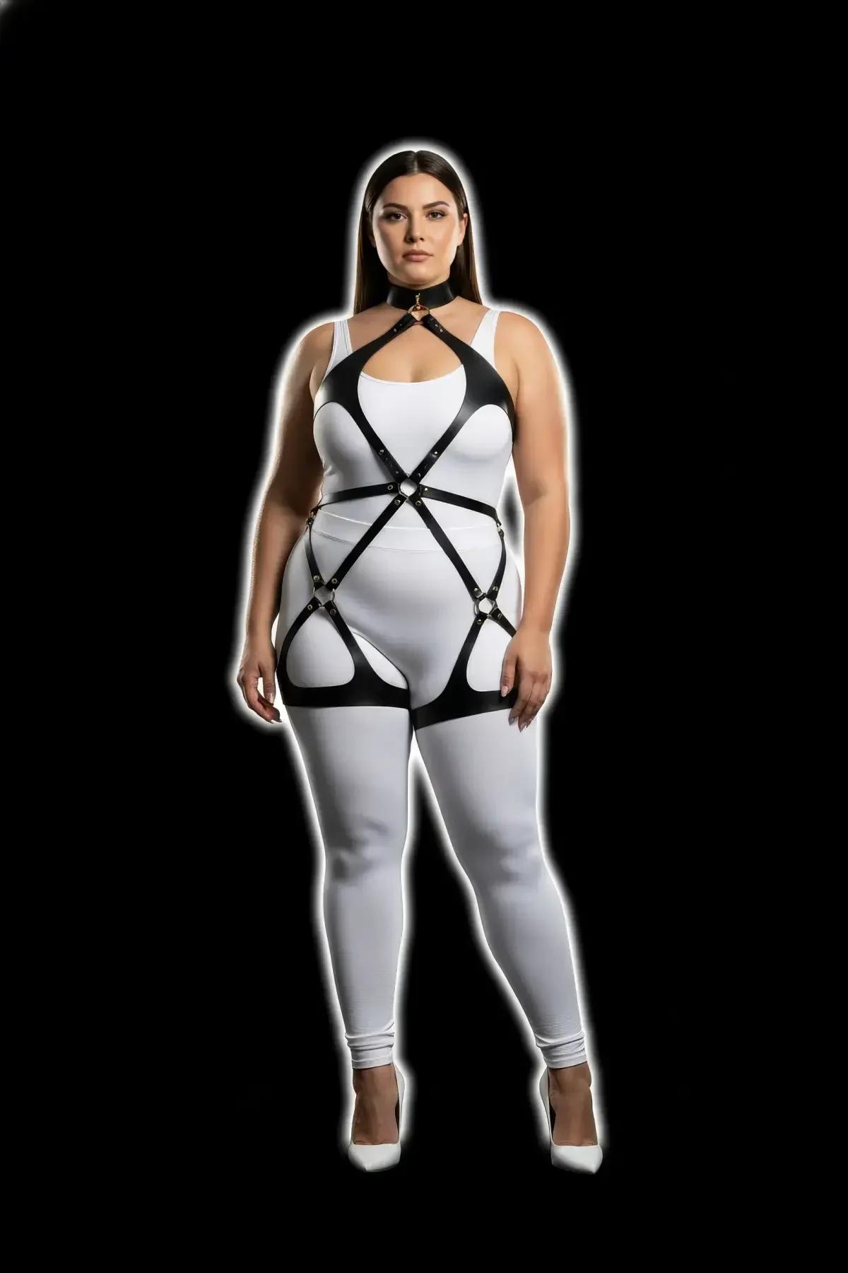 Full body harness siyah X kesim arka görünüm, bel ve uyluk bantları büyük beden