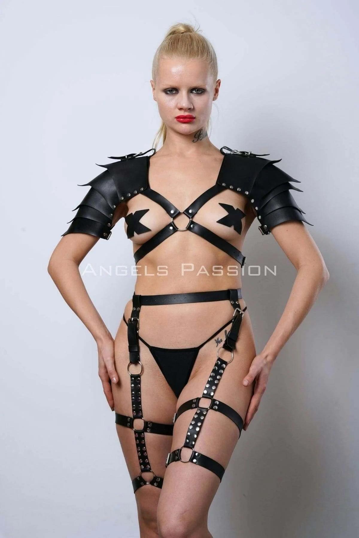 Cross-chest strap and waist belt detail of black matte faux leather body harness set
