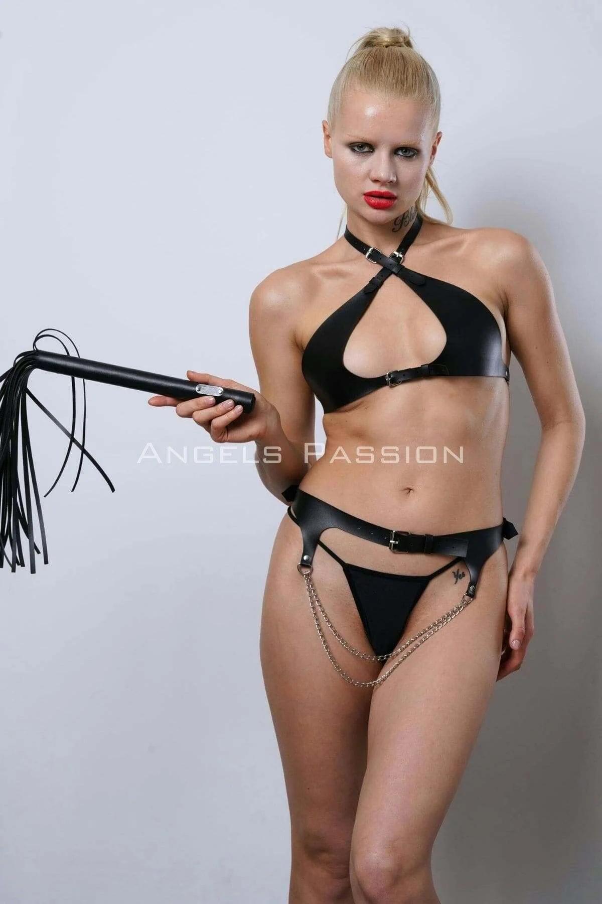 Black faux leather halter harness bra front view showing cross-strap X detail and open chest cutout