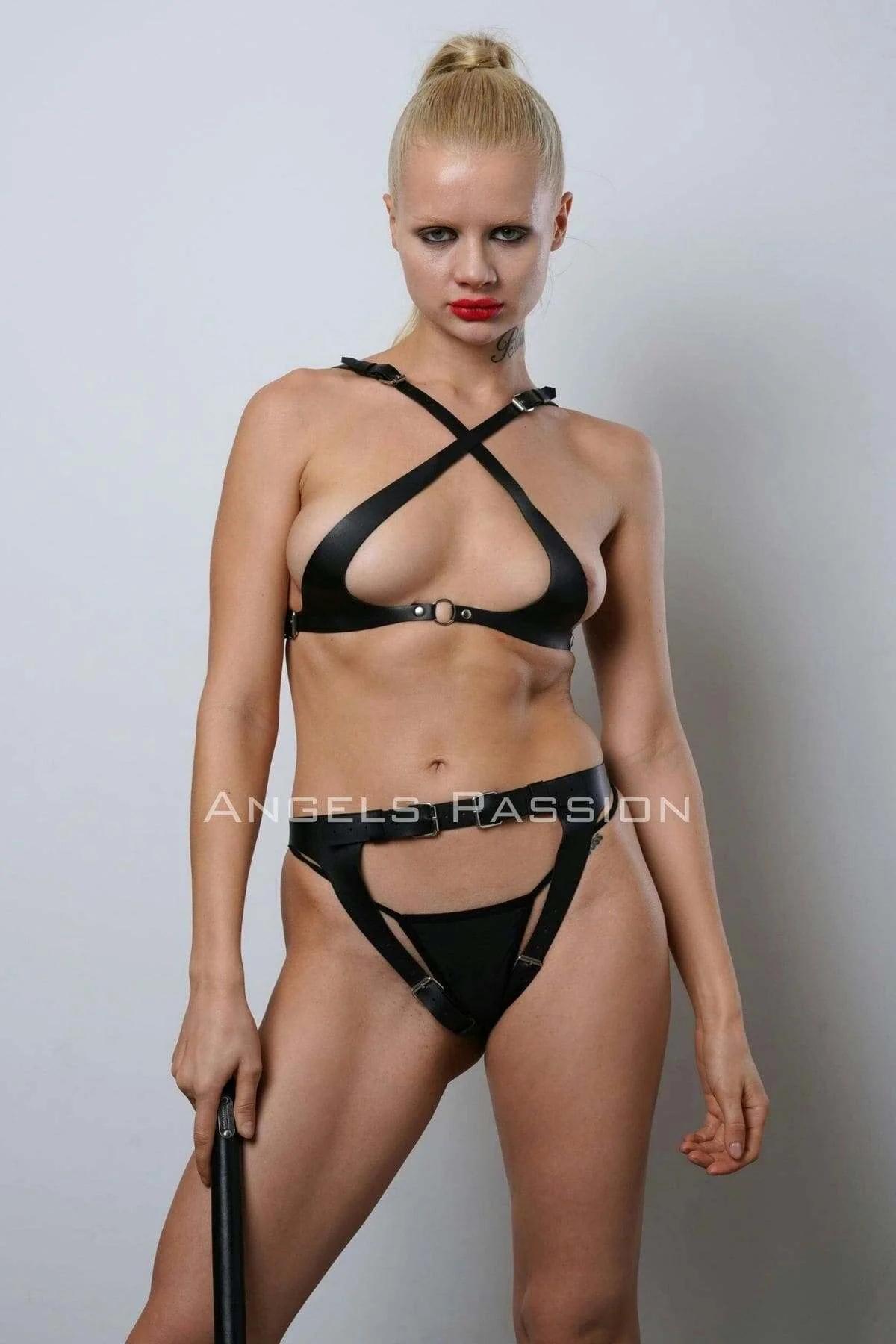 Black PU leather harness bra with cross chest straps and silver underbust buckle detail