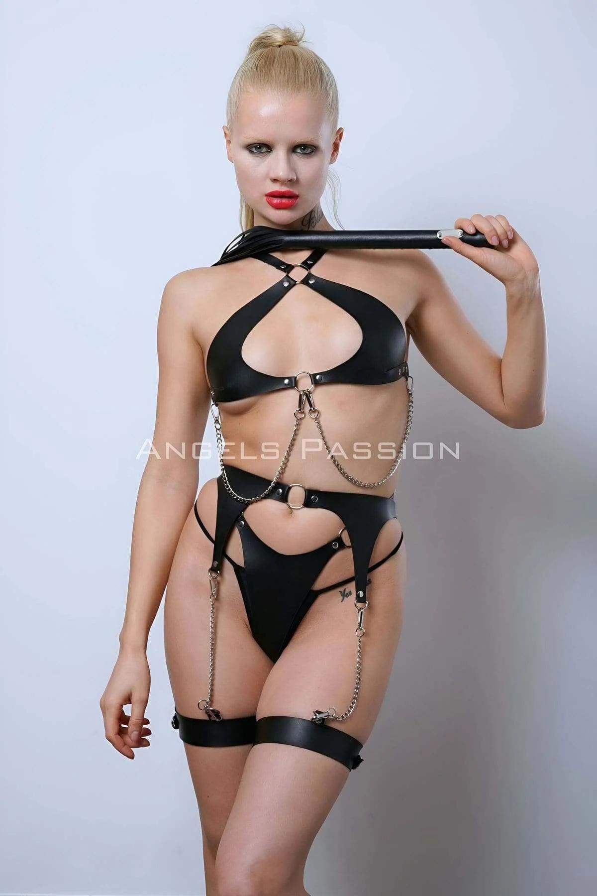 Faux Leather Full Body Harness with Chest & Garter Straps