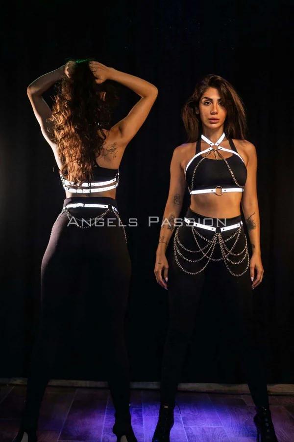 Black reflective halter harness with silver chain hip drape and white retroreflective strips front and back view
