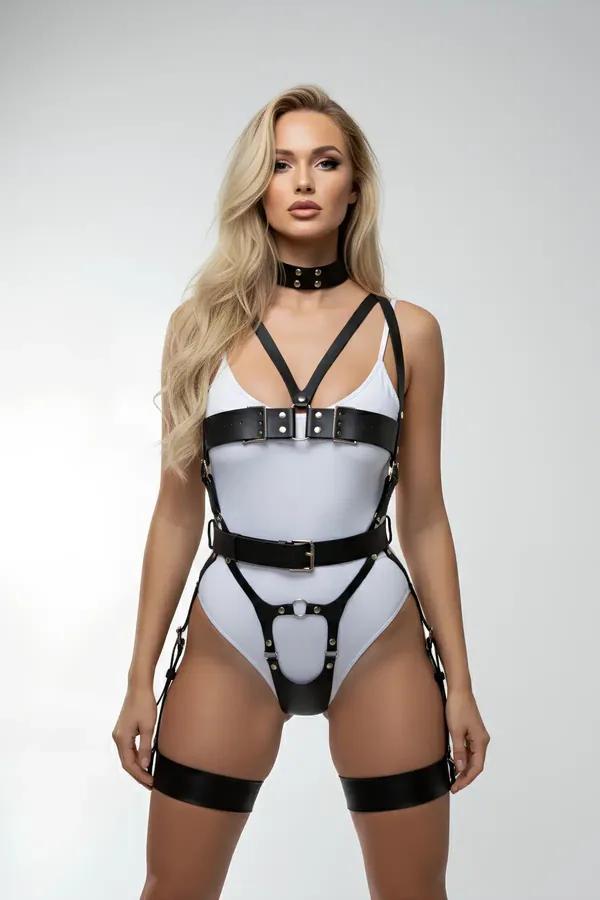 Black faux leather full body harness with choker, V-chest straps, brass-tone buckles, and elasticized thigh bands