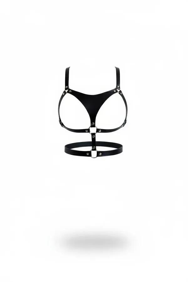 Black faux leather chest harness with silver O-ring center detail and separate underbust band, front view on white background