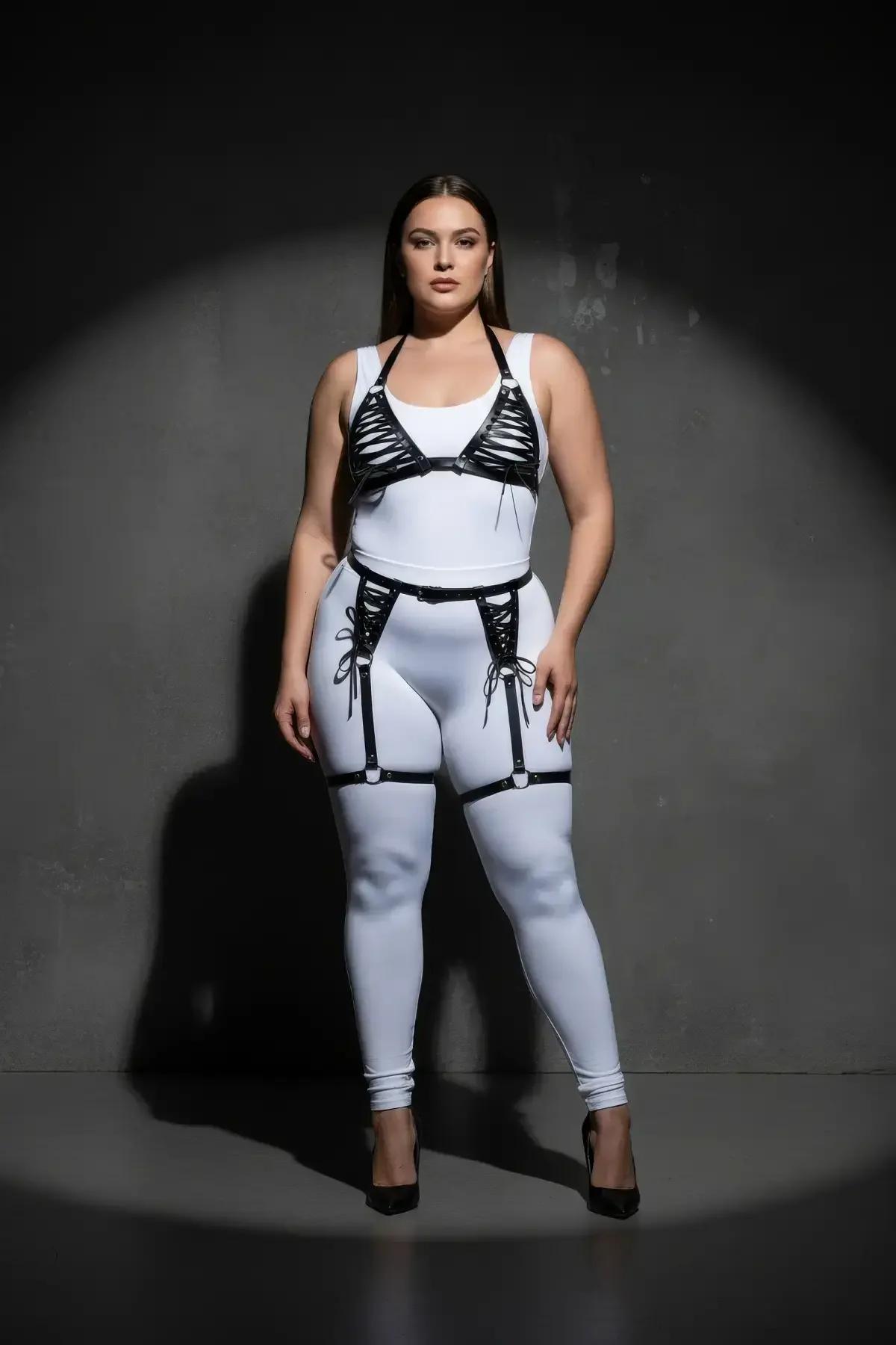 uyluk jartiyer bandı siyah deri O-ring perçin detay büyük beden harness set