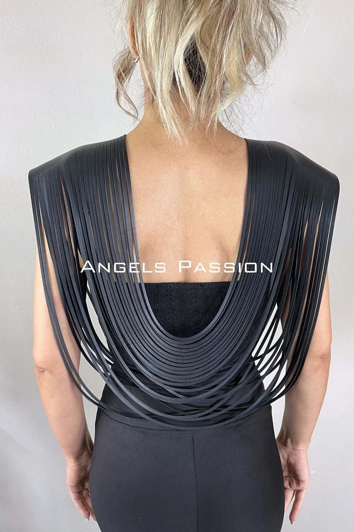 Black fringe chest harness flat lay showing full collar width and strand arrangement
