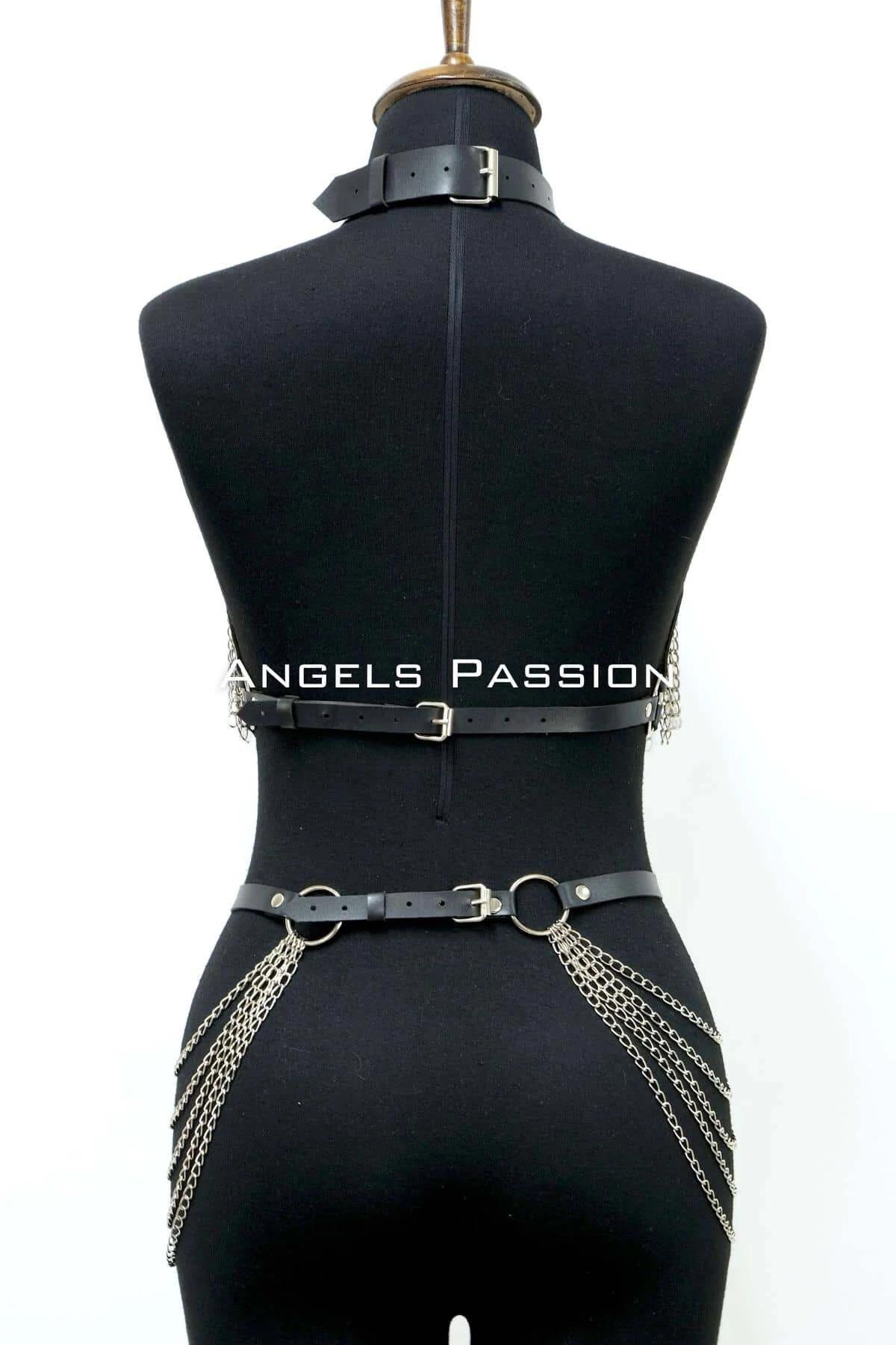 gümüş perçin ve O-ring detaylı kırmızı deri harness takımı tam set yan görünüm