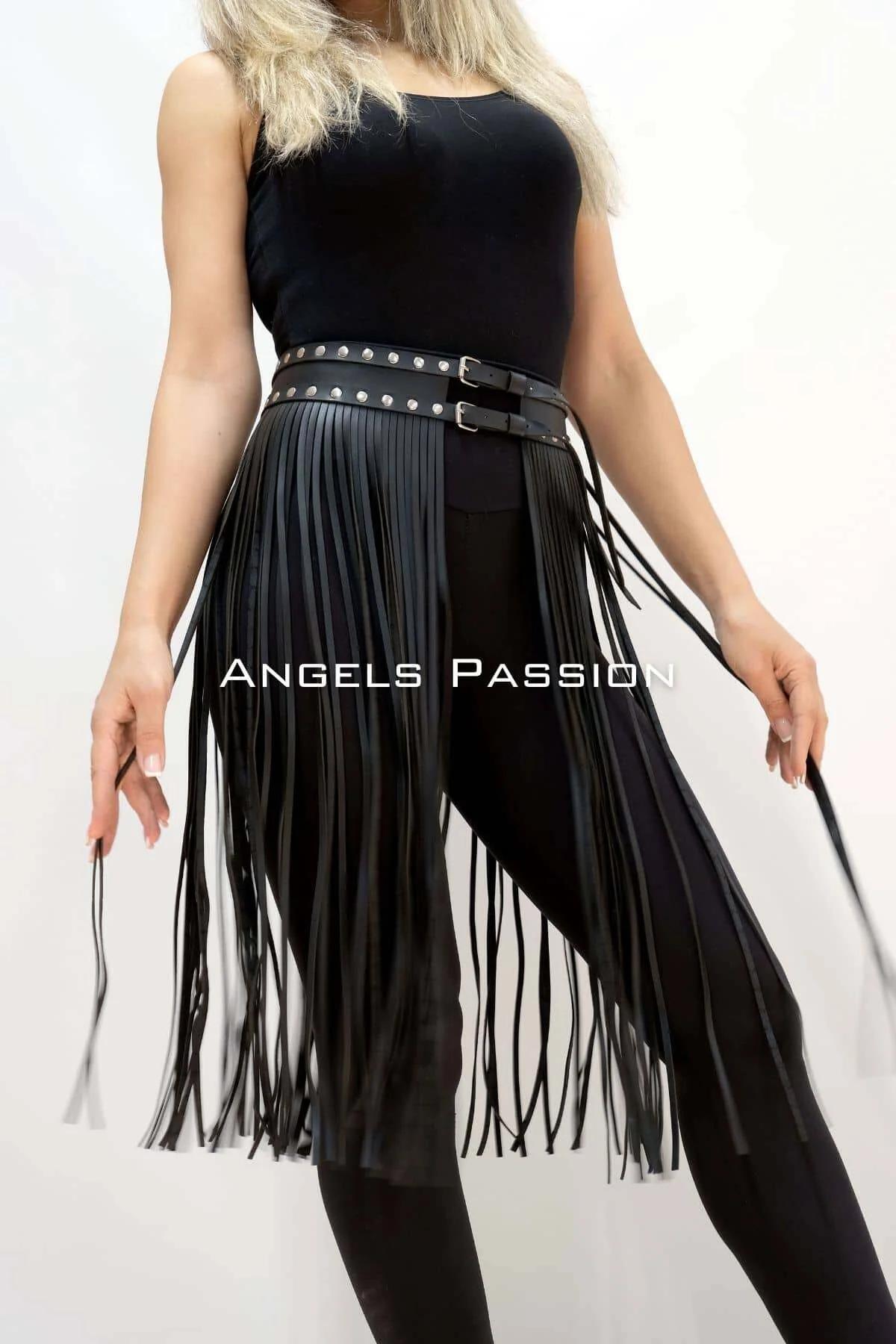 Studded Faux Leather Fringe Belt Skirt Overlay