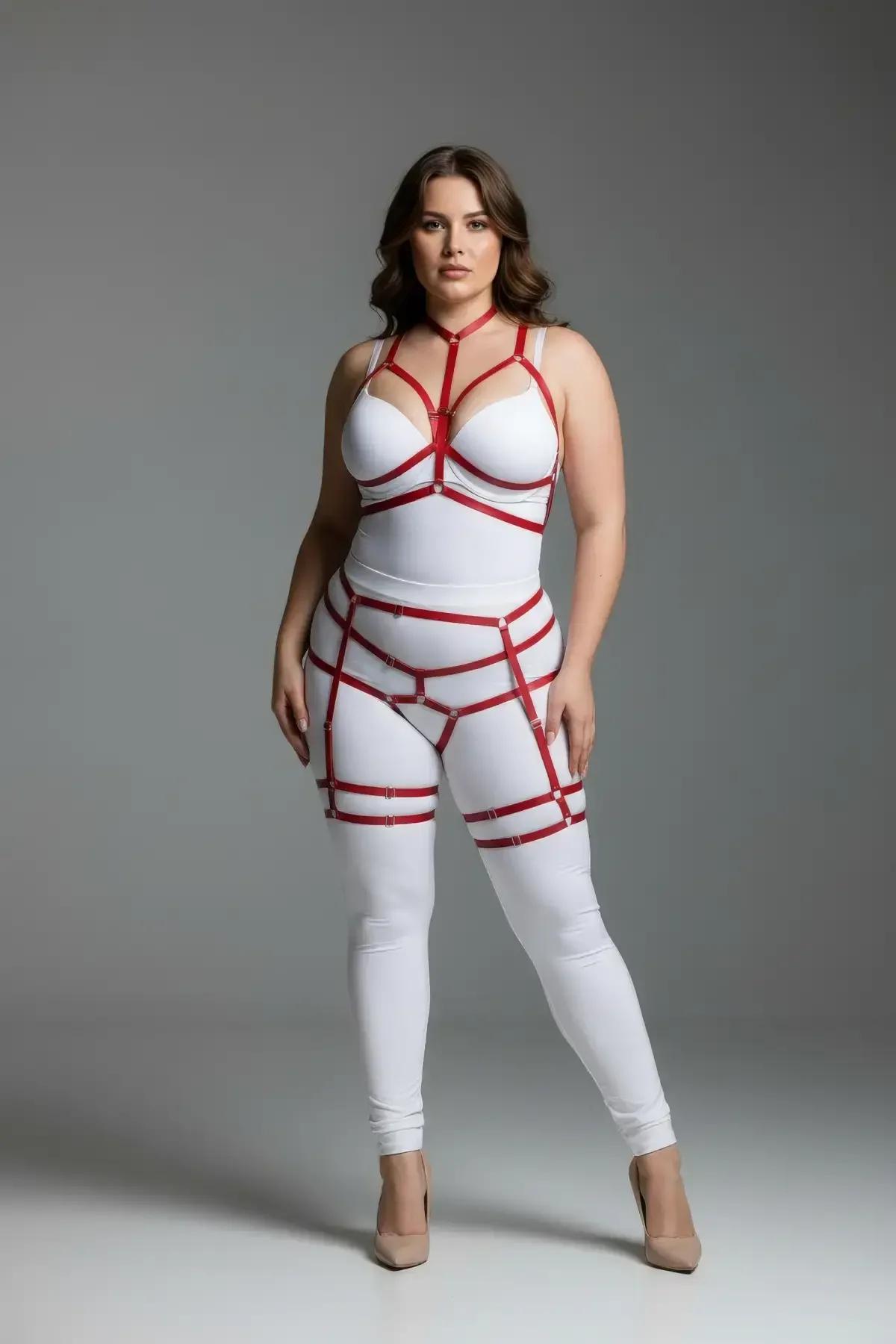 kırmızı PU deri harness bel ve uyluk bantları gümüş toka detayı büyük beden