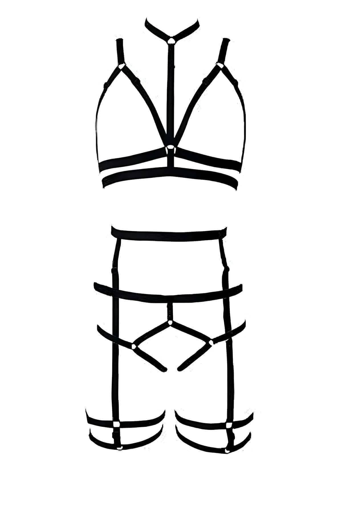 full body view of three-section black cage harness set showing chest waist and thigh garter coordination
