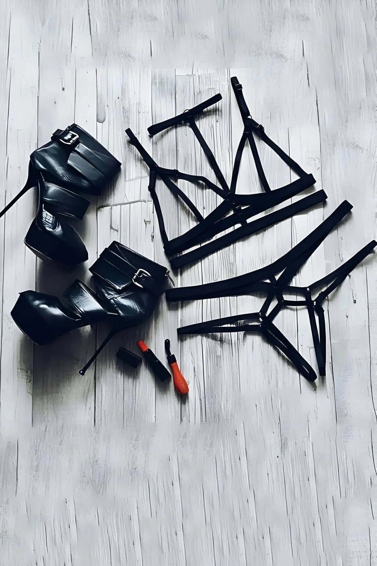 Black Elastic Caged Harness Bra & Thong Set
