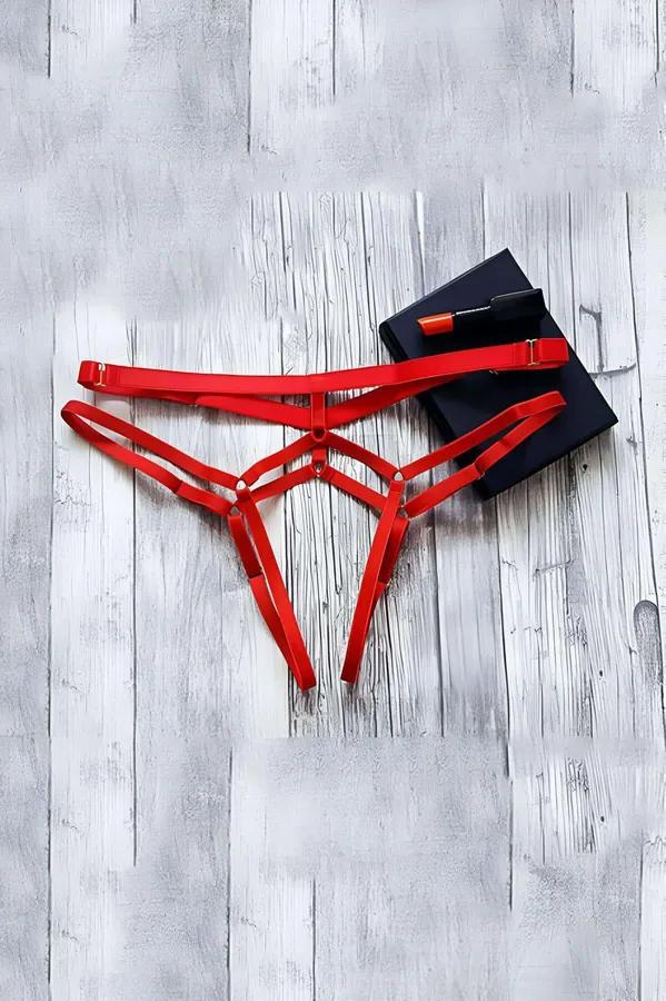 Red Strappy Thong Harness with Adjustable Waist