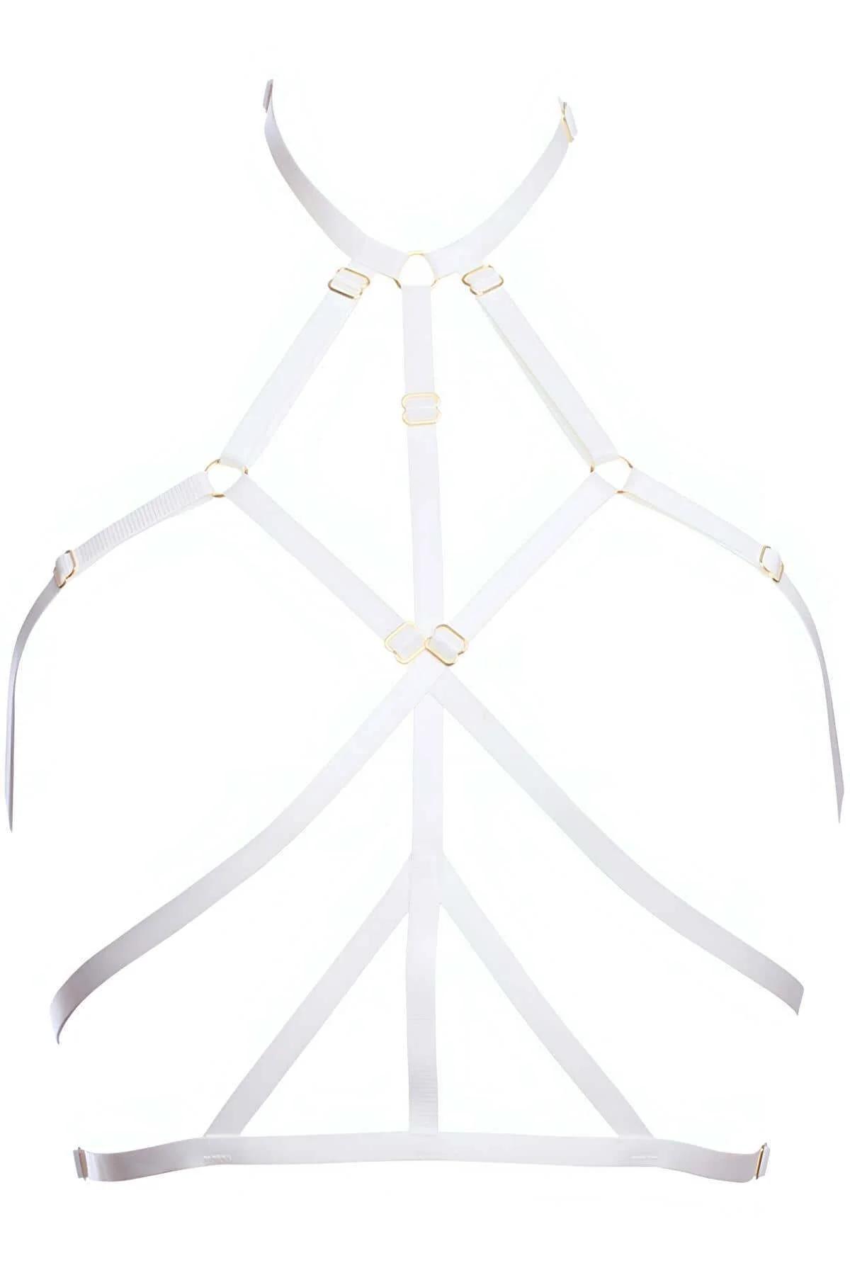 Geometric white elastic harness layered over white lingerie with triangular strap configuration