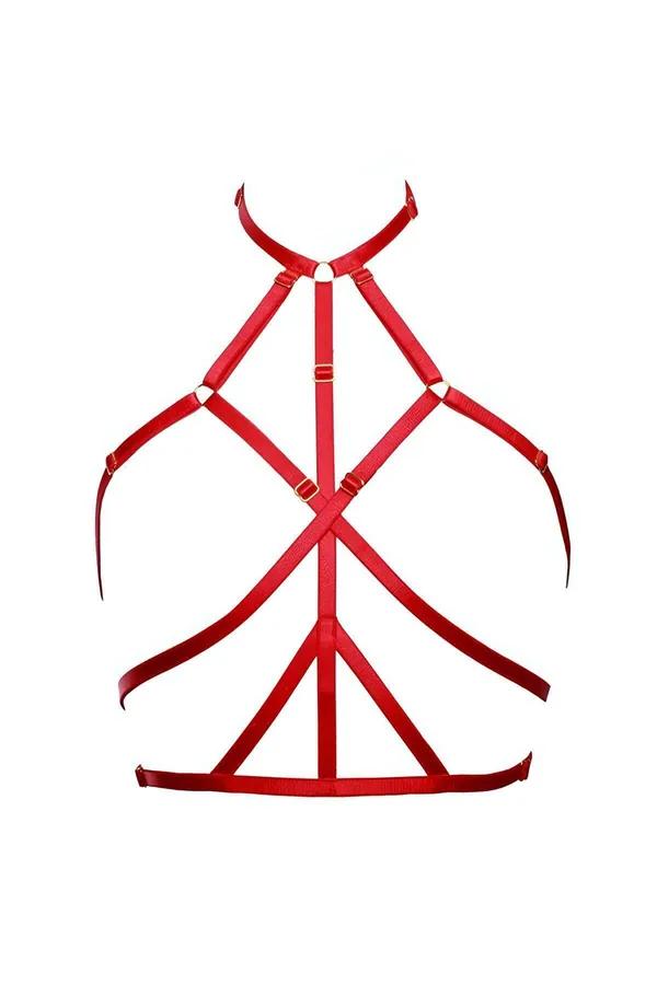 Red strappy halter body harness with gold-tone O-ring center and six adjustable elastic straps on white background