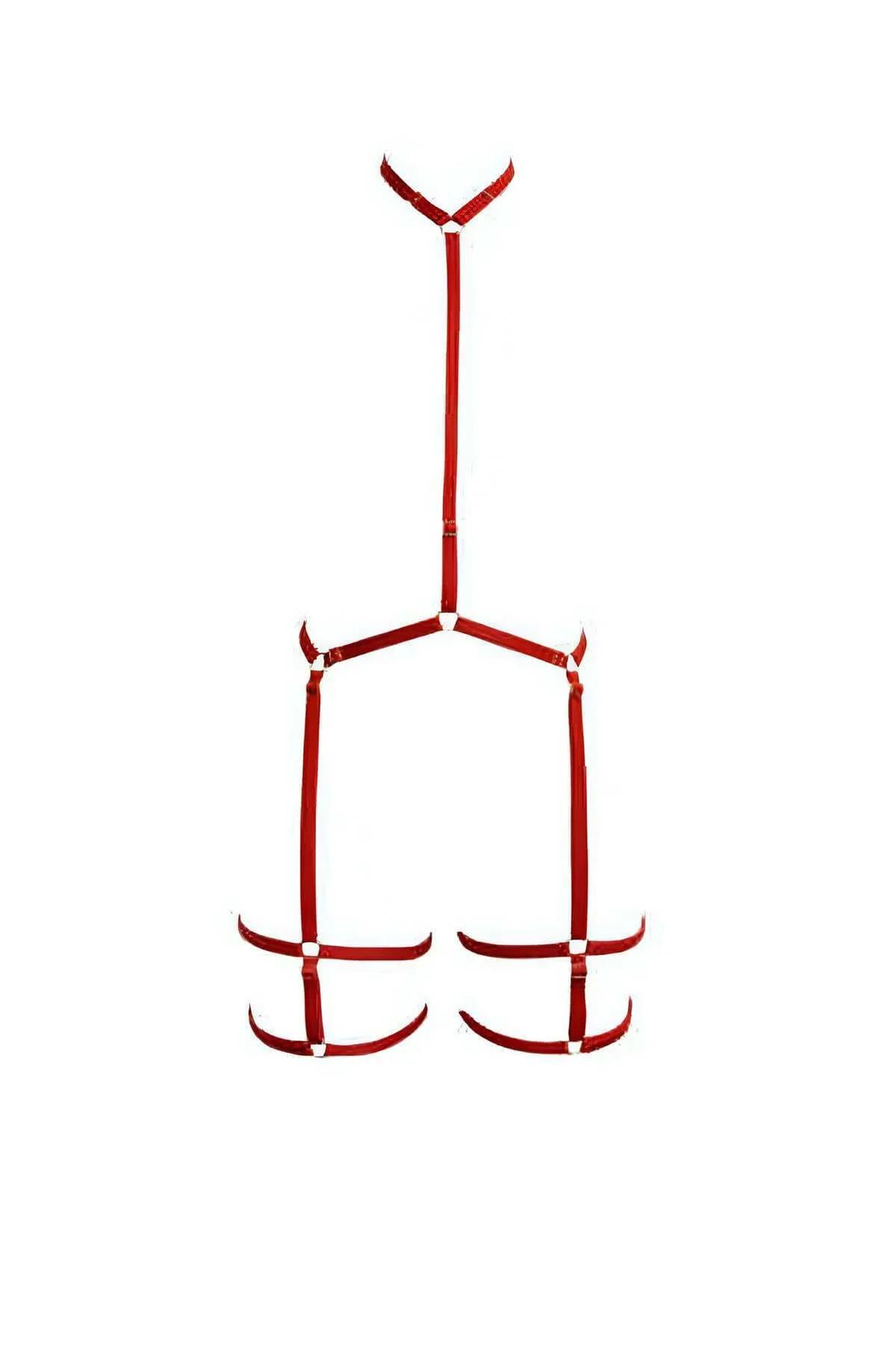 Burgundy velvet chest cage harness with gold-tone slide buckles on geometric diamond strap pattern