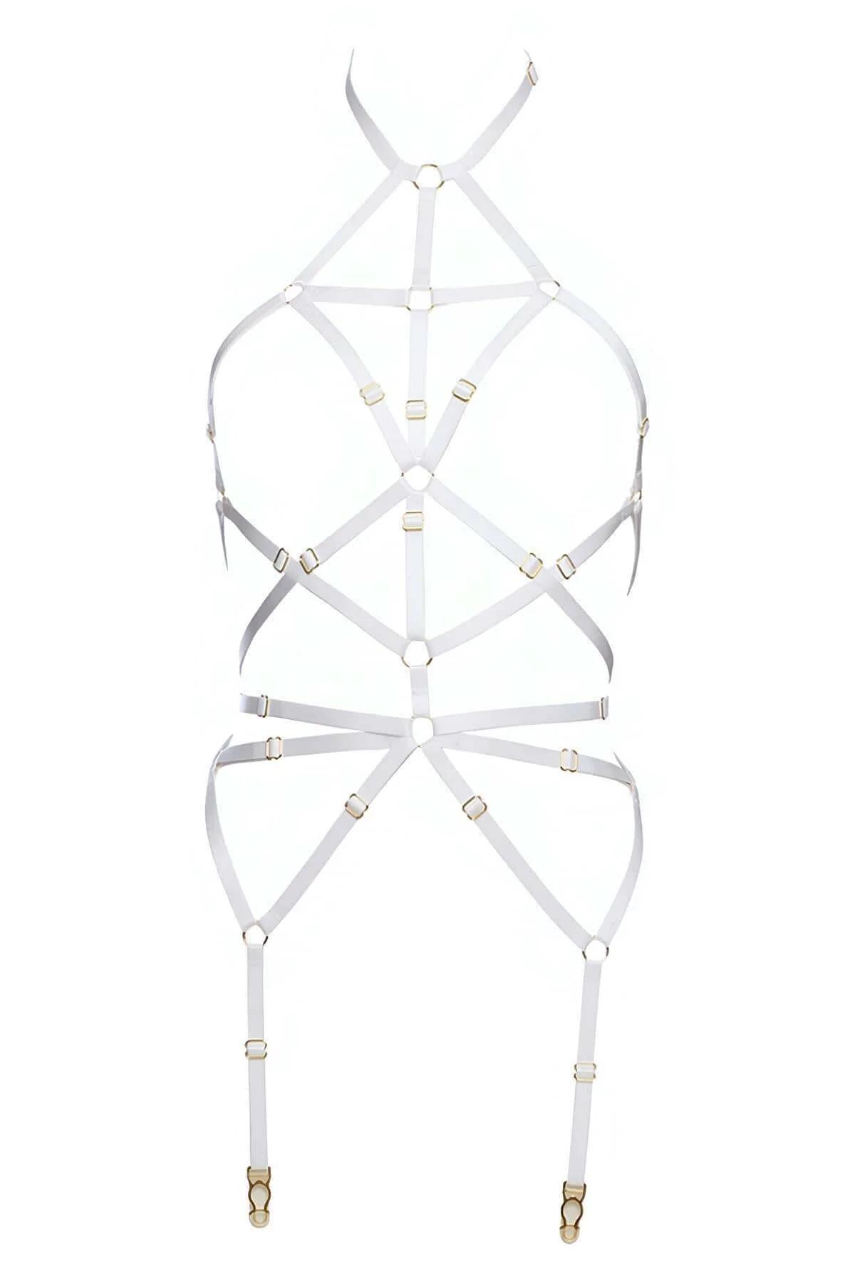 White elastic cage harness close-up showing floral lace bust cups and gold-tone O-ring strap connectors