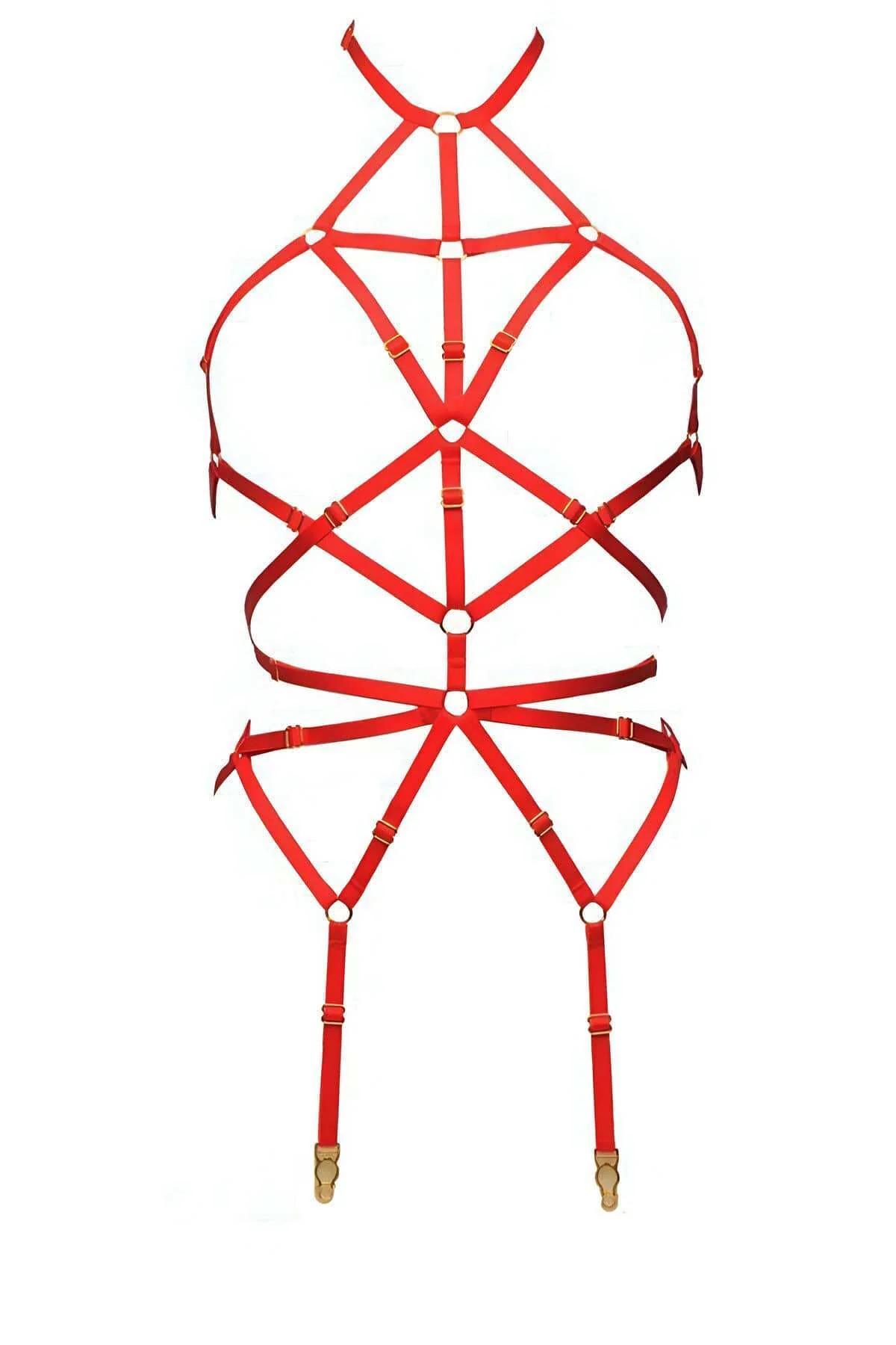 Close-up of gold O-ring intersections on red elastic strap harness torso grid