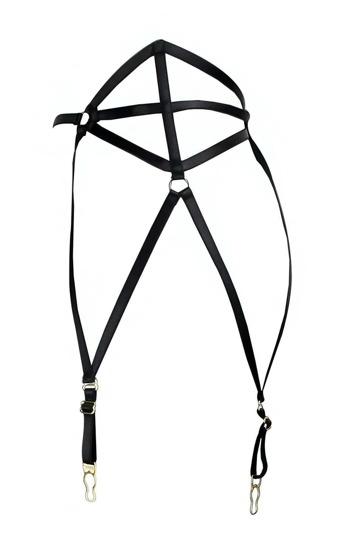 Close-up of gold-tone spring-loaded suspender clips on black elastic garter harness