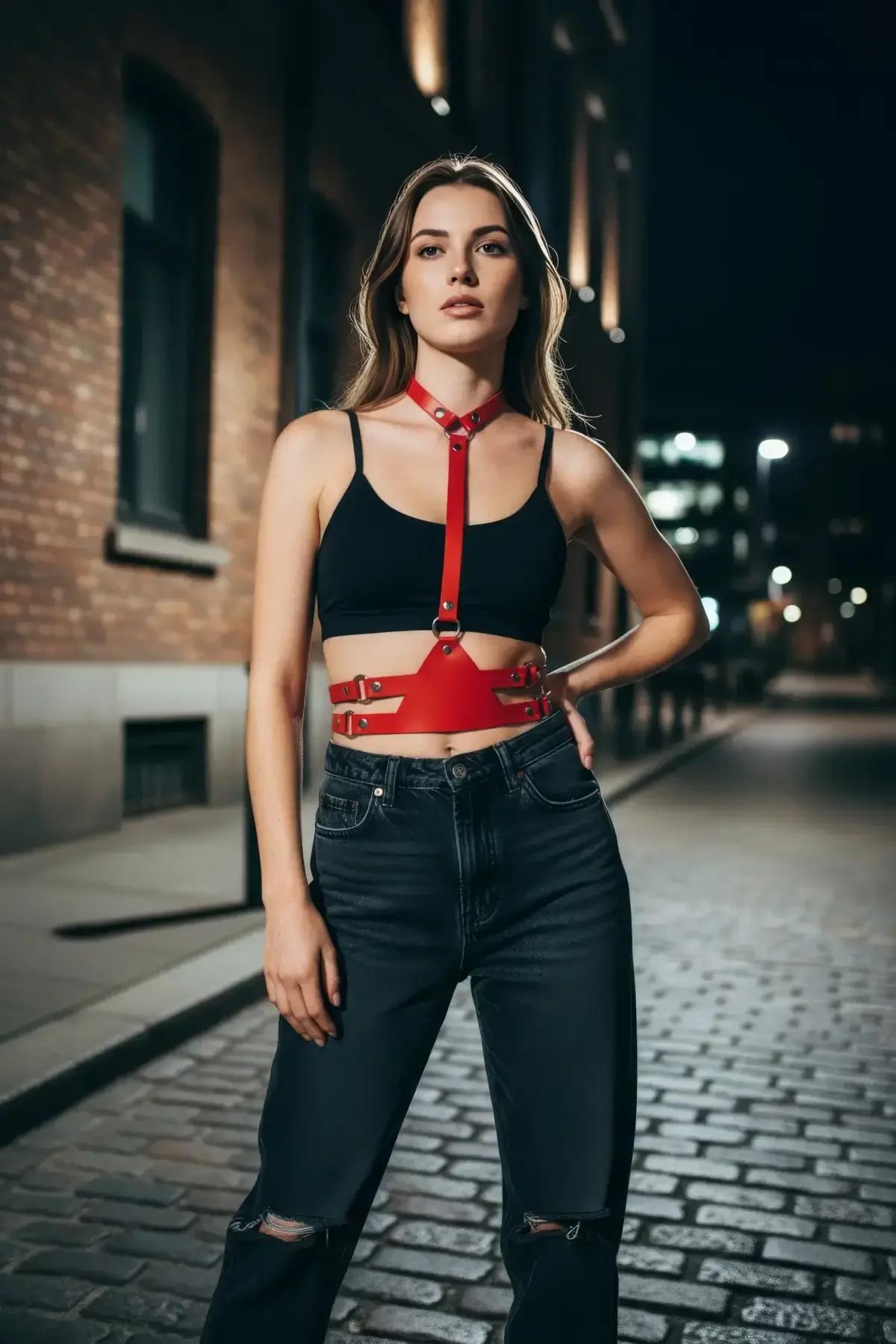 kırmızı PU deri harness aksesuar ön görünüm altın O-ring detayı