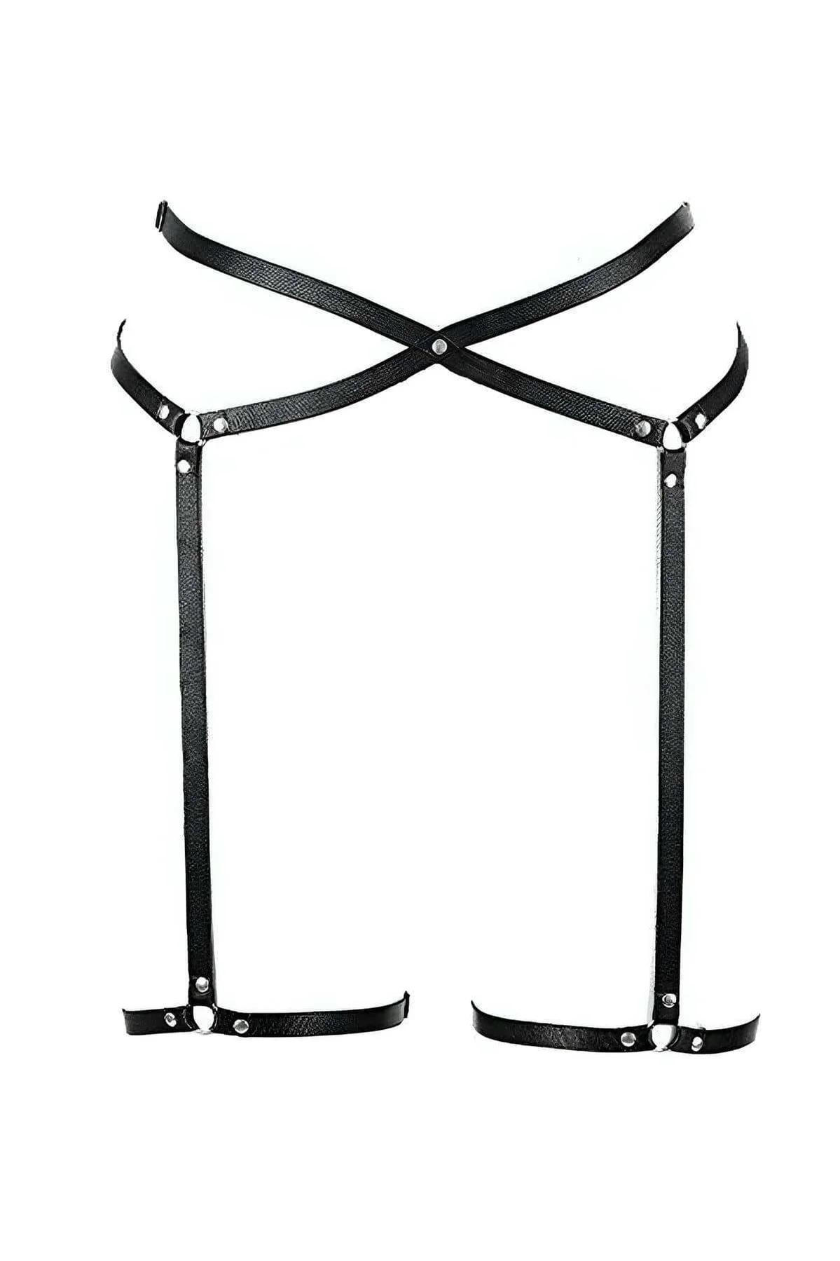 black faux leather garter harness with X-cross waist straps, silver O-ring hardware, and dual thigh bands