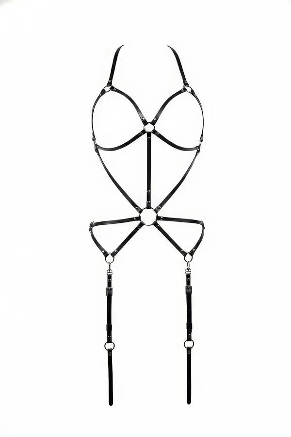 Black faux leather strappy O-ring full body harness with silver hardware and adjustable leg garter straps