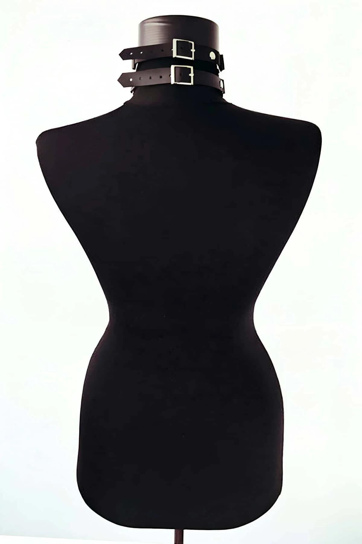 rear view of black wide collar choker showing adjustable metal buckle closure