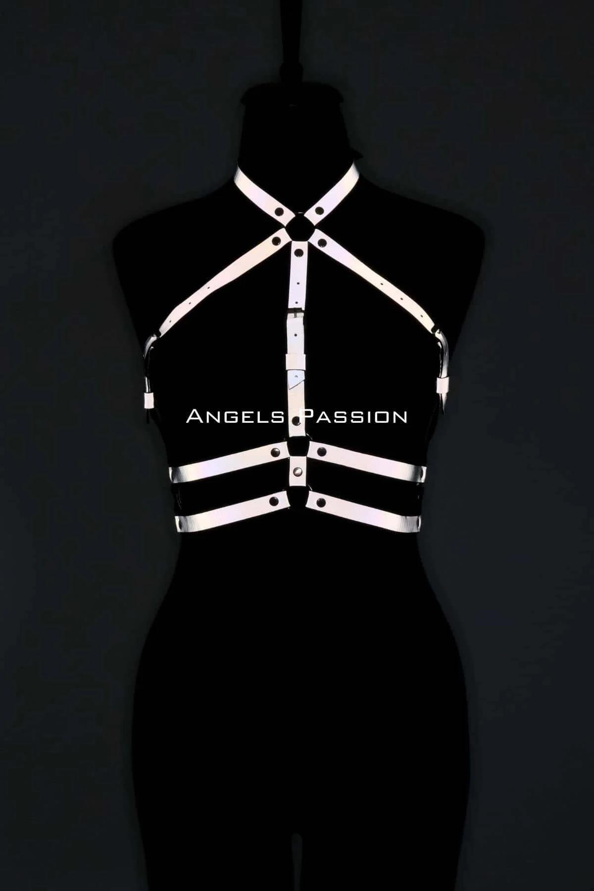Adjustable chest harness with chrome snap closures and reflective coating, close-up strap detail