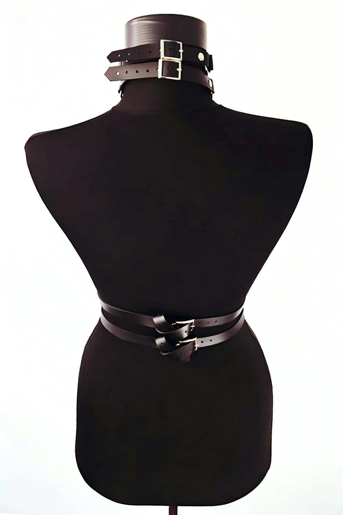 black vegan leather harness wide waist band with roller buckle closure
