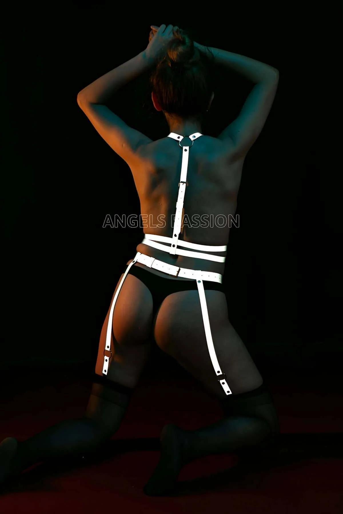Reflective white PU harness waist bands with bronze slide buckles and adjustable shoulder straps