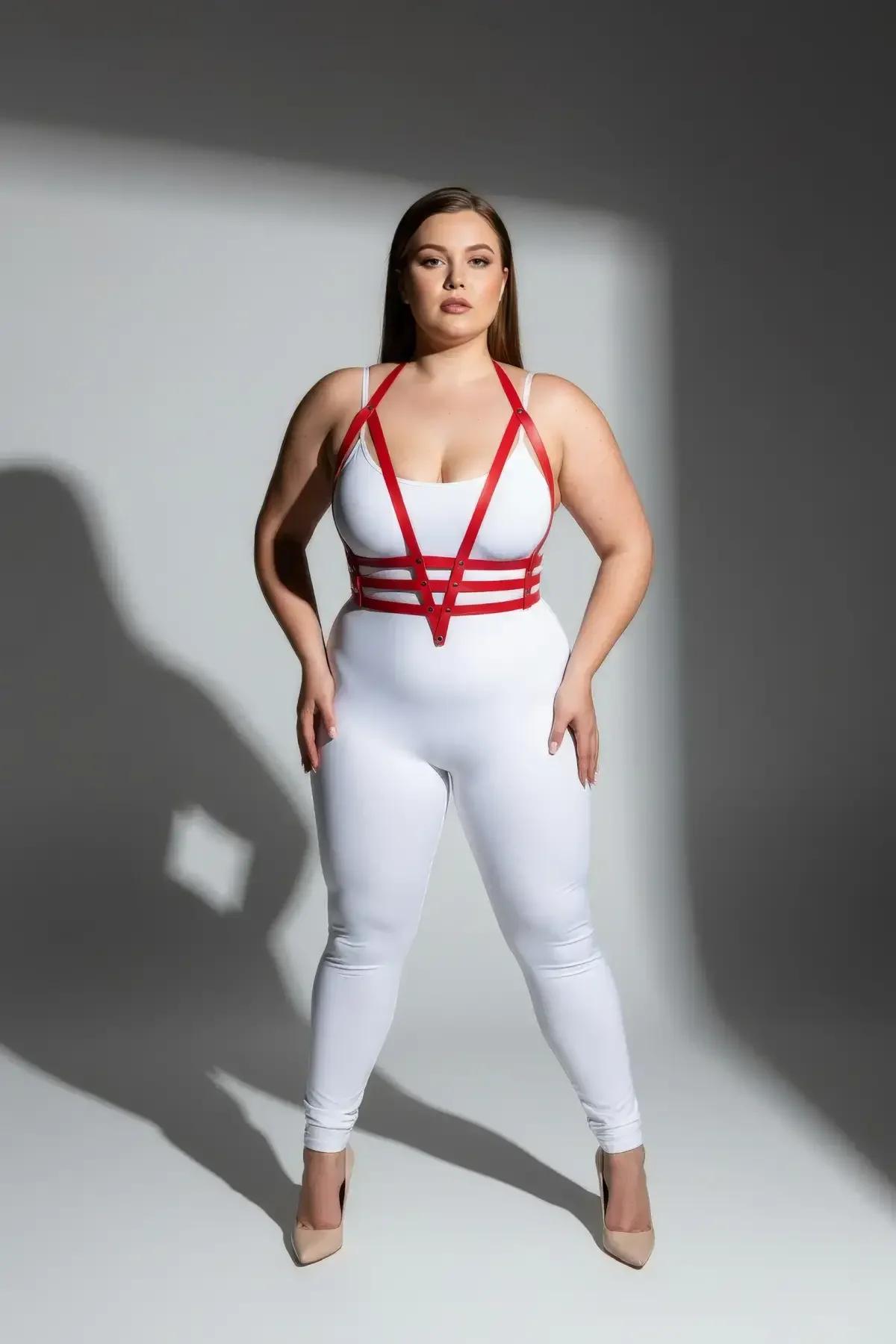 Ayarlanabilir kırmızı harness takımı gümüş metal toka ve halka yakın çekim