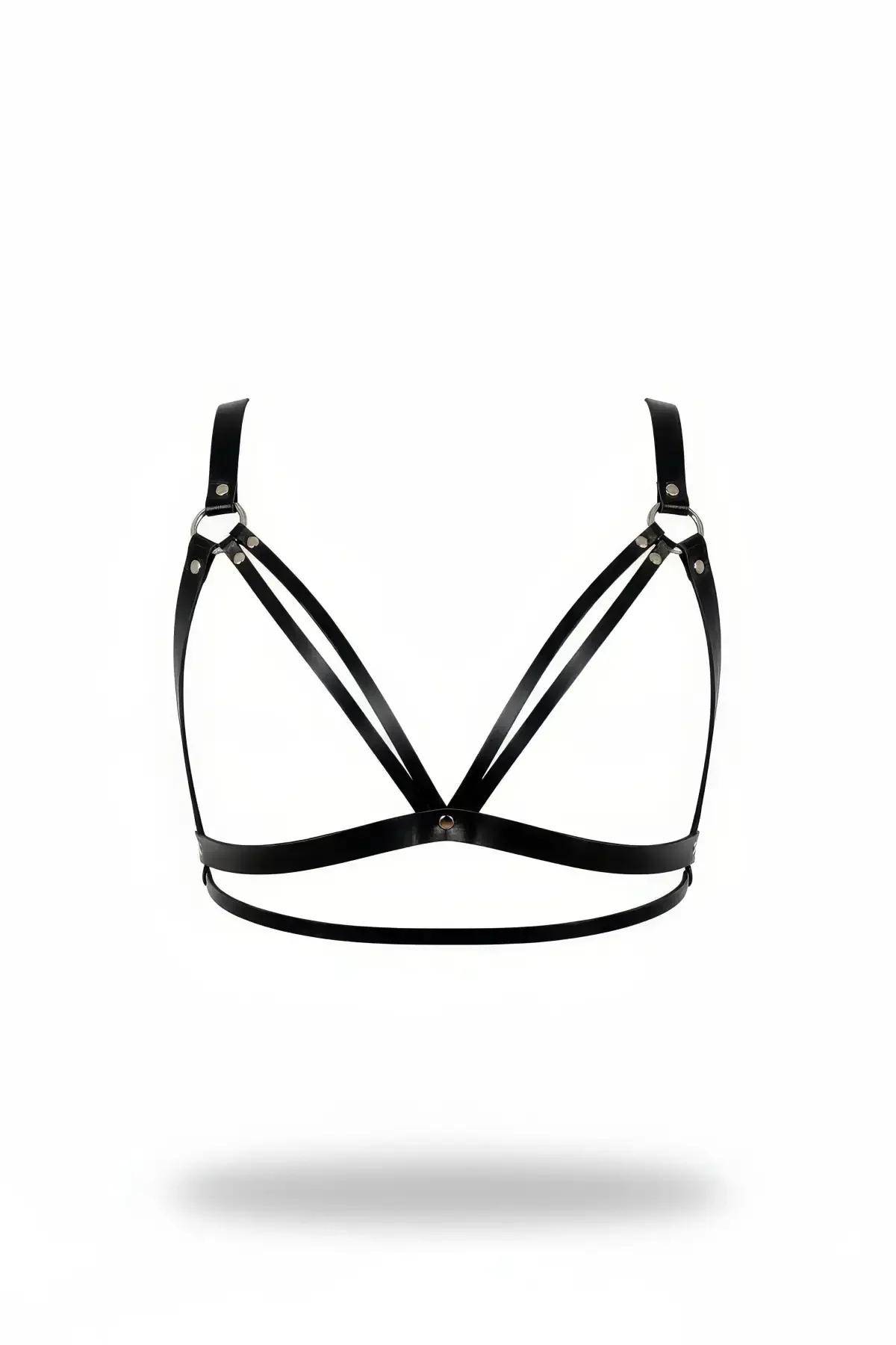 siyah suni deri göğüs harness kruvaze çift bantlı V kesim gümüş O-ring metal donanım