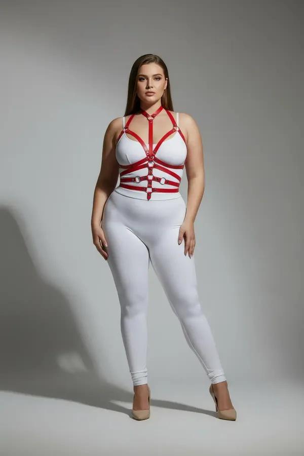 Red faux leather full body harness with silver O-rings, halter neck, five-band waist cage, front view