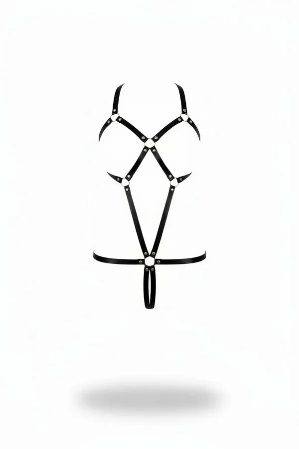 Black faux leather strappy body harness with dual silver O-rings and geometric diamond strap pattern on white background