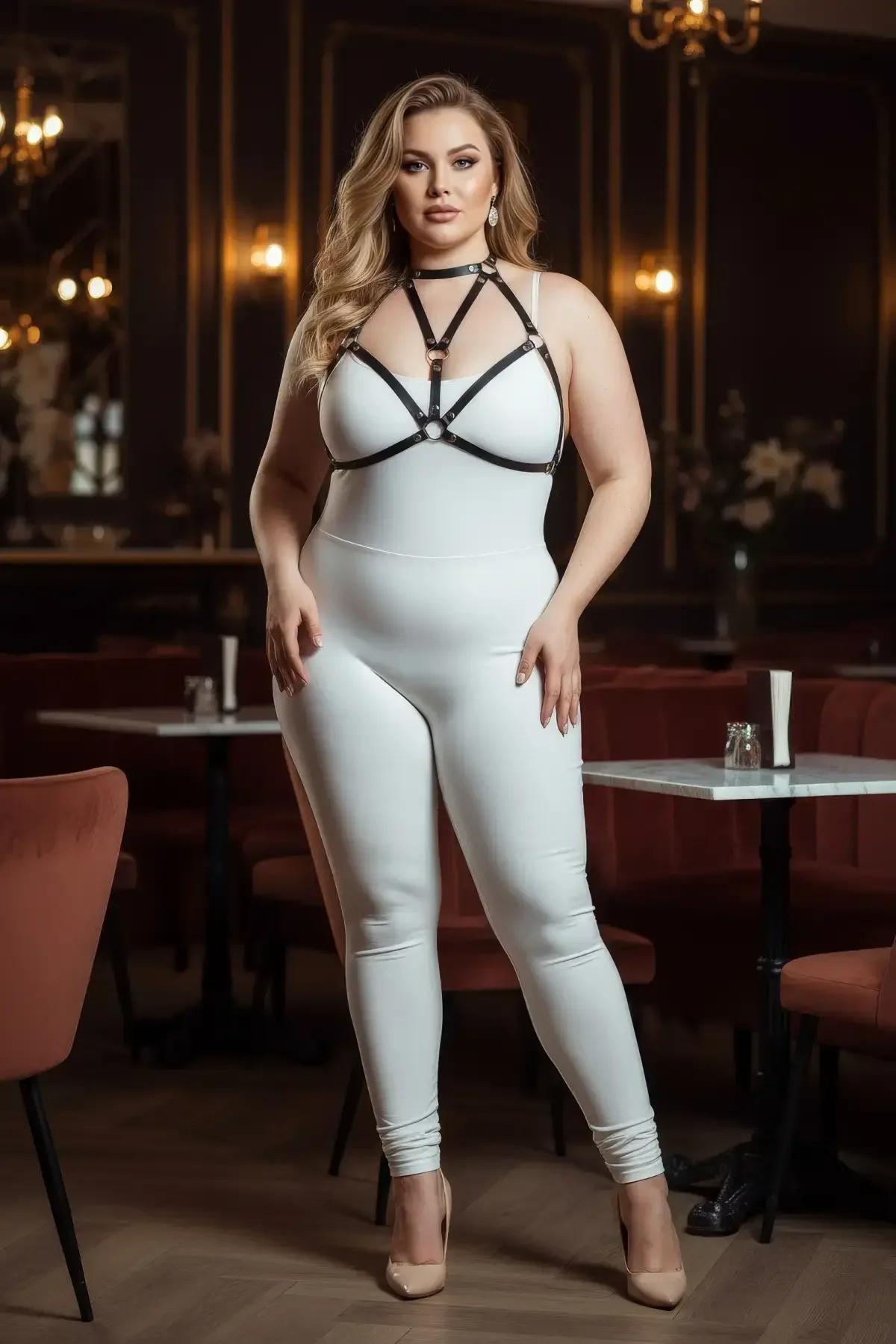 büyük beden siyah harness yan profil vegan deri kayış geometrik siluet