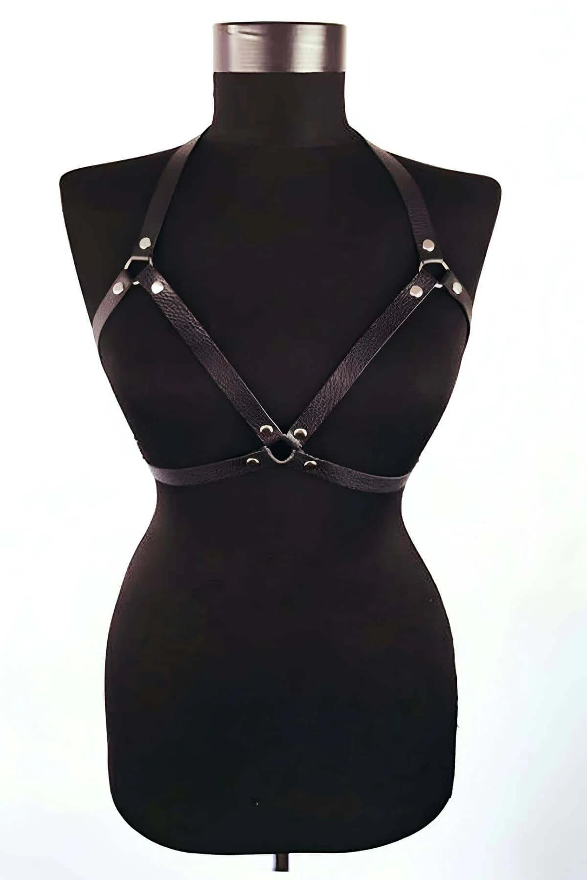 black strappy chest harness triangular bralette silhouette front view on dress form
