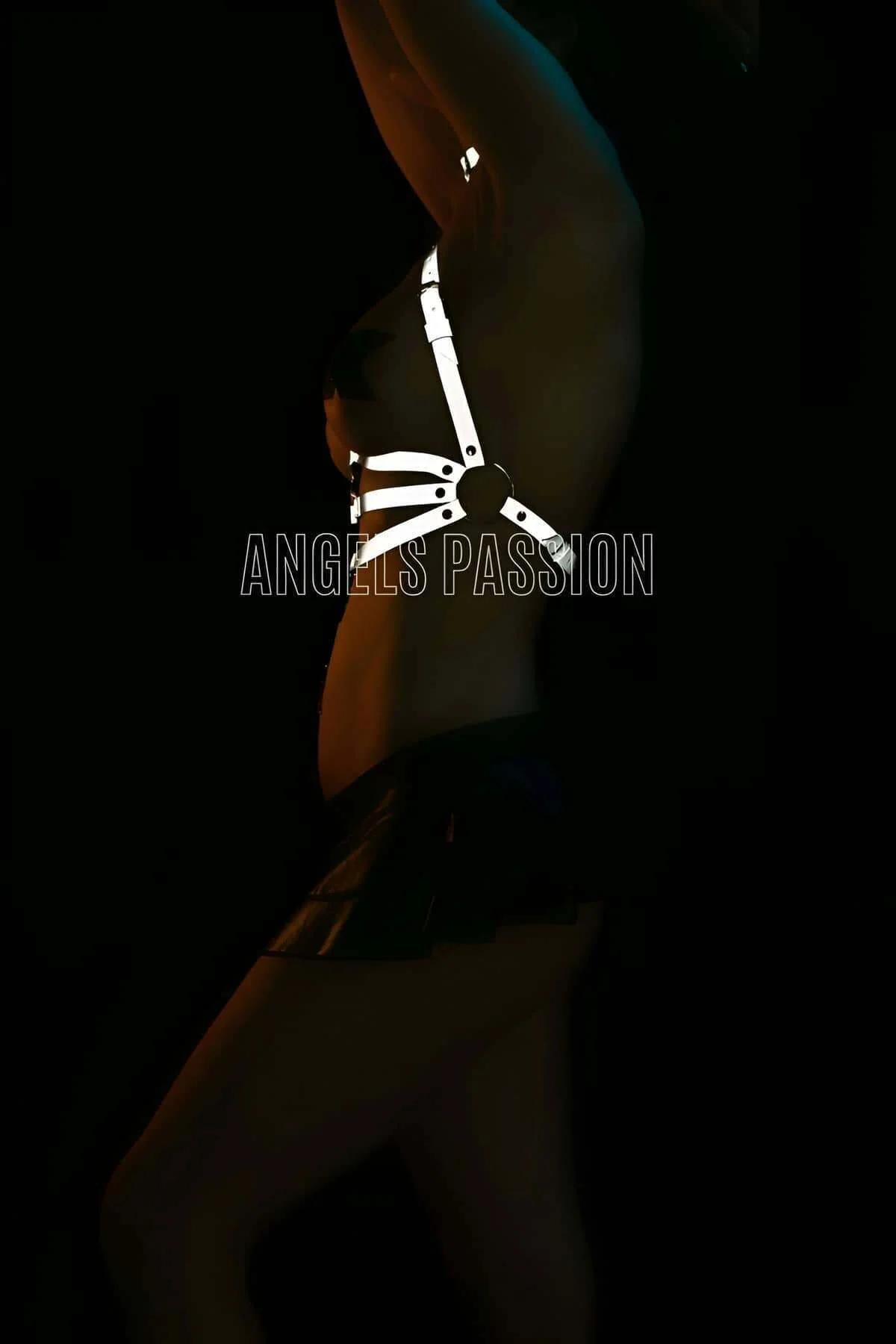 Reflective full body harness front view geometric chest cage straps glowing silver under studio light