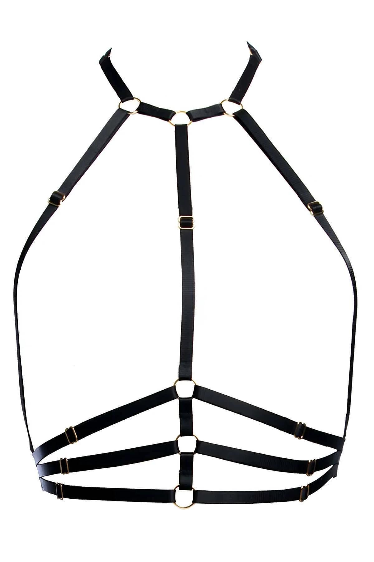 Siyah lastik harness altın toka detayı boyun halkasından bele uzanan çok katmanlı bant yapısı
