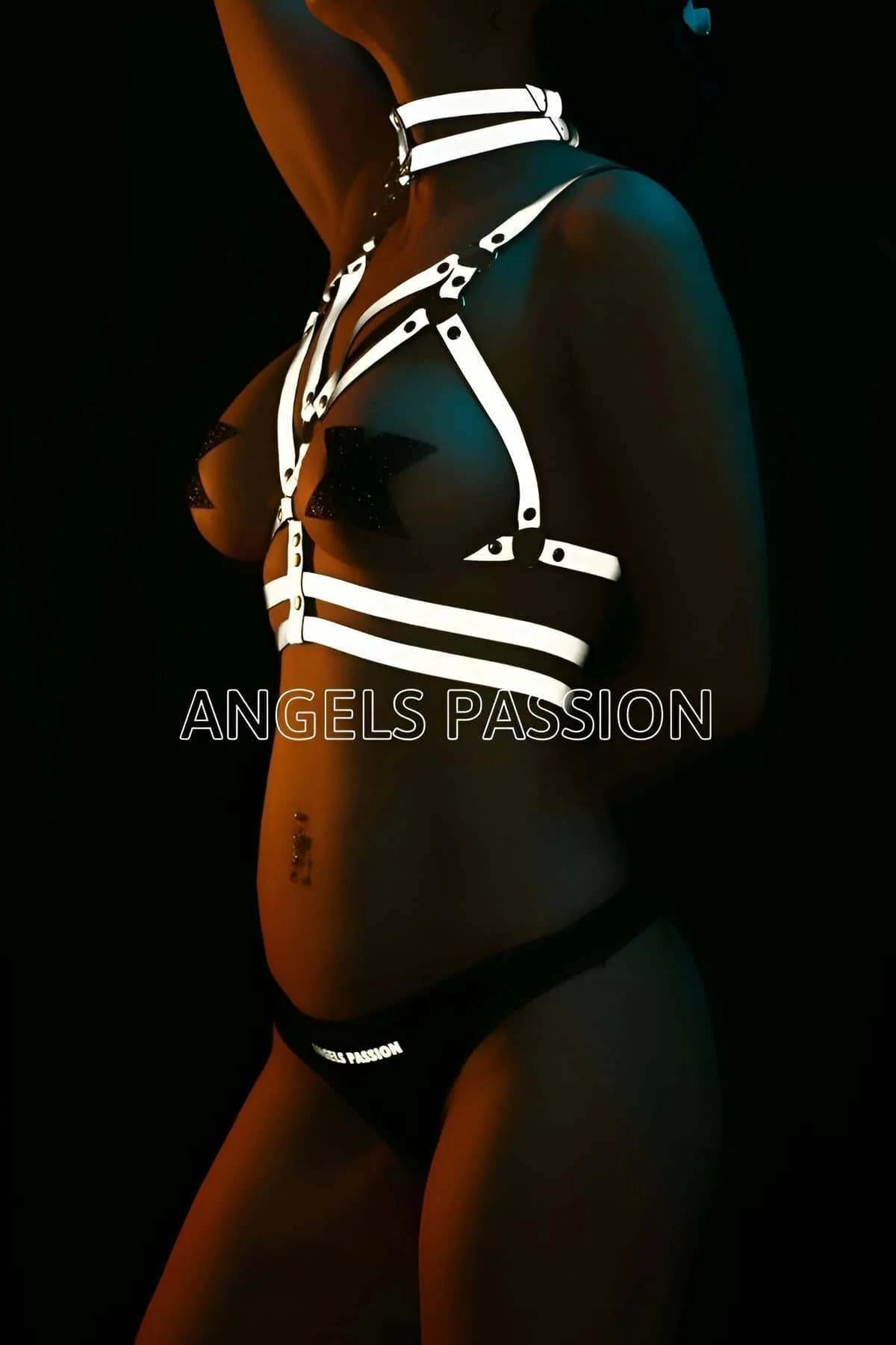 Close-up of reflective PU-coated strap detail and silver O-ring connector on chest harness