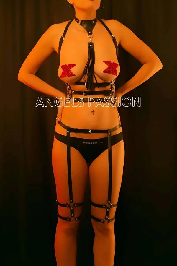 Black faux leather full body harness set with tassel choker, chest cage, waist band and double-strap leg garters, silver buck