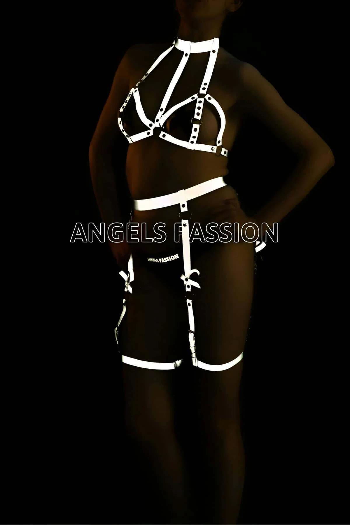 Garter frame section of white reflective harness set showing waistband and suspender straps with bow hardware