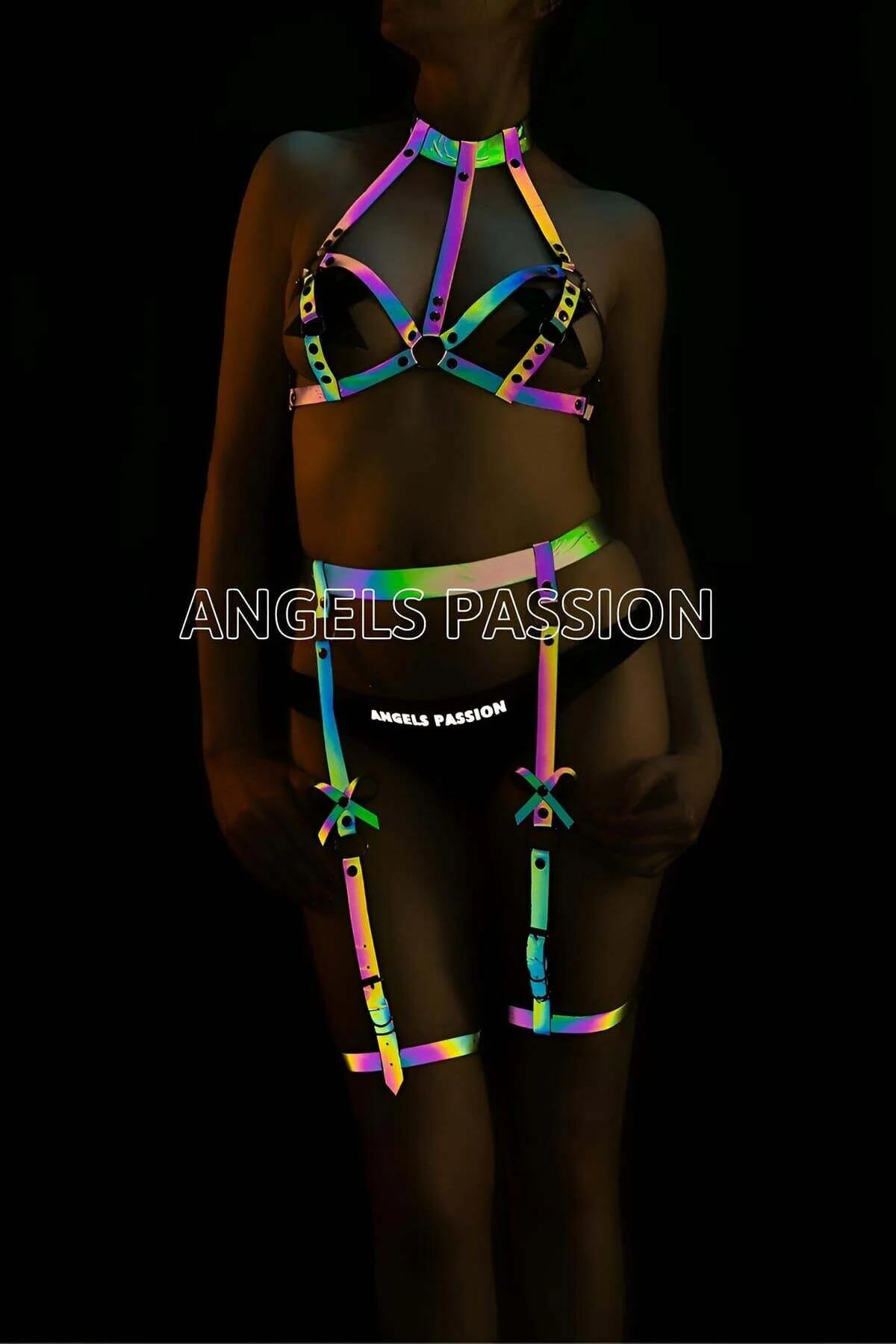 Rainbow reflective chest harness cage style with silver snap closures and O-ring center detail, iridescent strap detail
