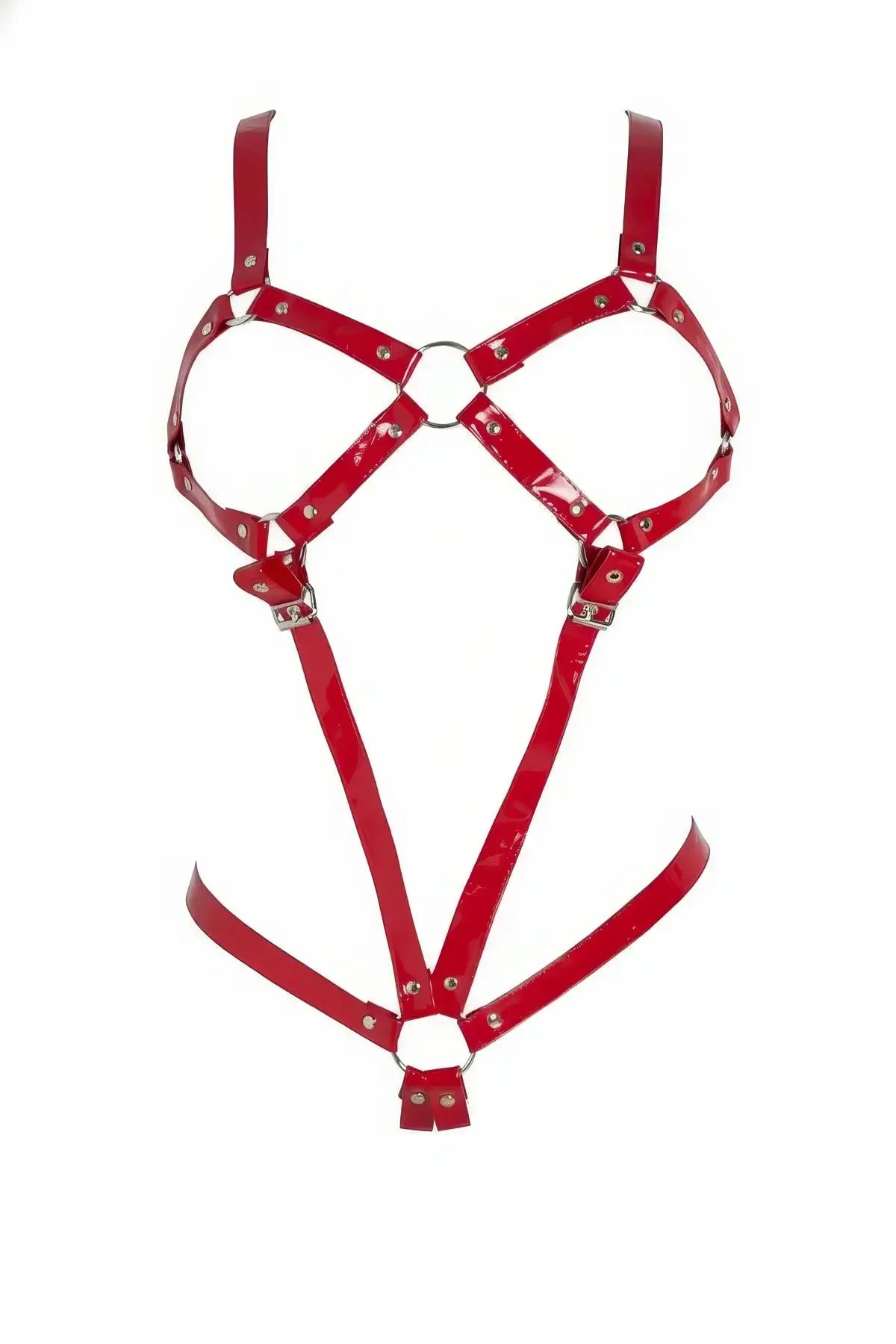 kırmızı parlak suni deri body harness gümüş O-halka detaylı tam beden şerit sarmalı ayarlanabilir toka