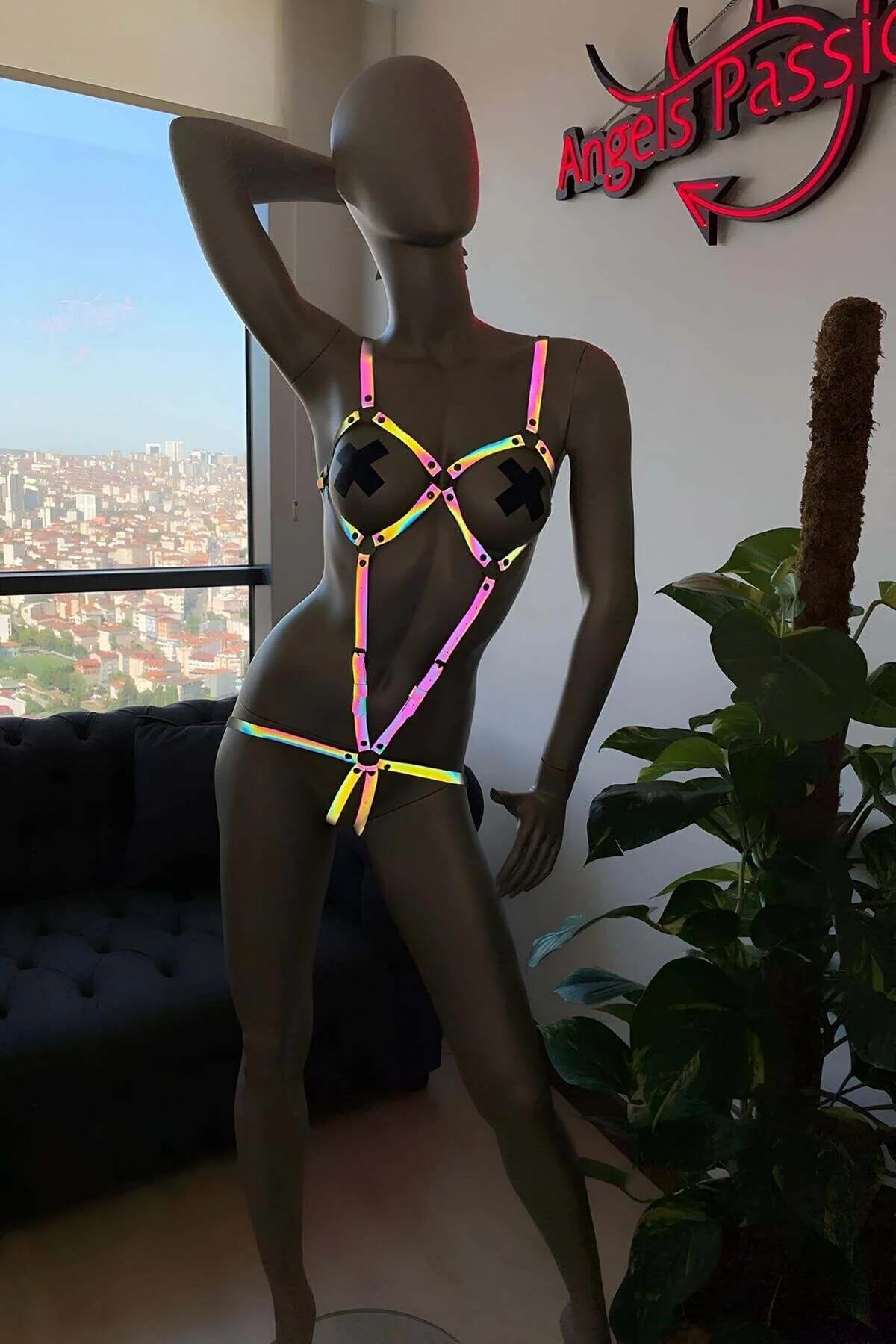 Rainbow reflective harness thigh and waist straps detail with silver O-ring hardware and slide-buckle adjusters