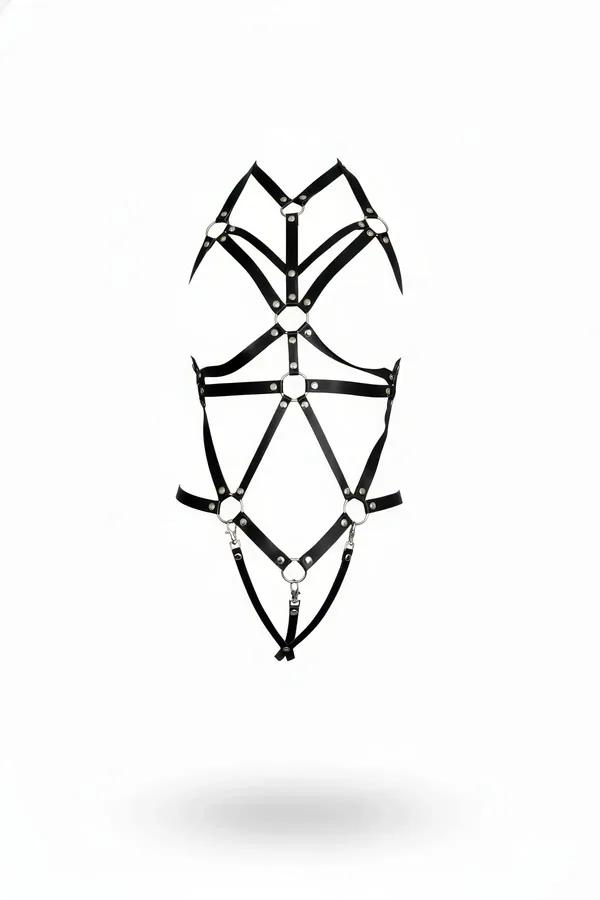 Black faux leather full body harness with five silver O-rings and geometric angular strap sections from chest to thigh